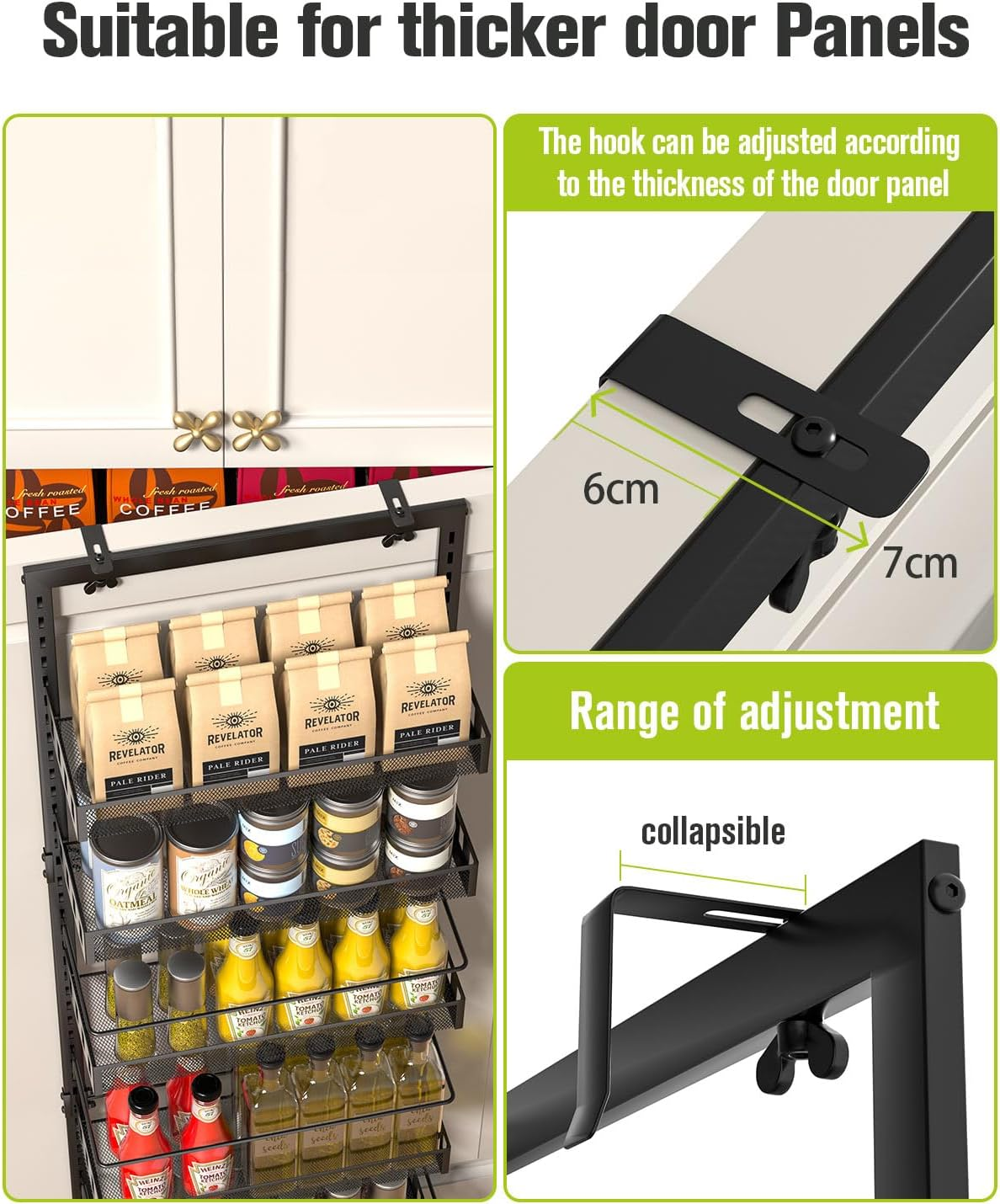 TOPWE over the Door Organizer, 8 Tiers Metal Hanging Door Storage, Adjustable Pantry Storage Organizer with Hook for Each Layer, Wall Mounted Pantry Organizers and Kitchen Door Spice Rack, Black - Black image number 2