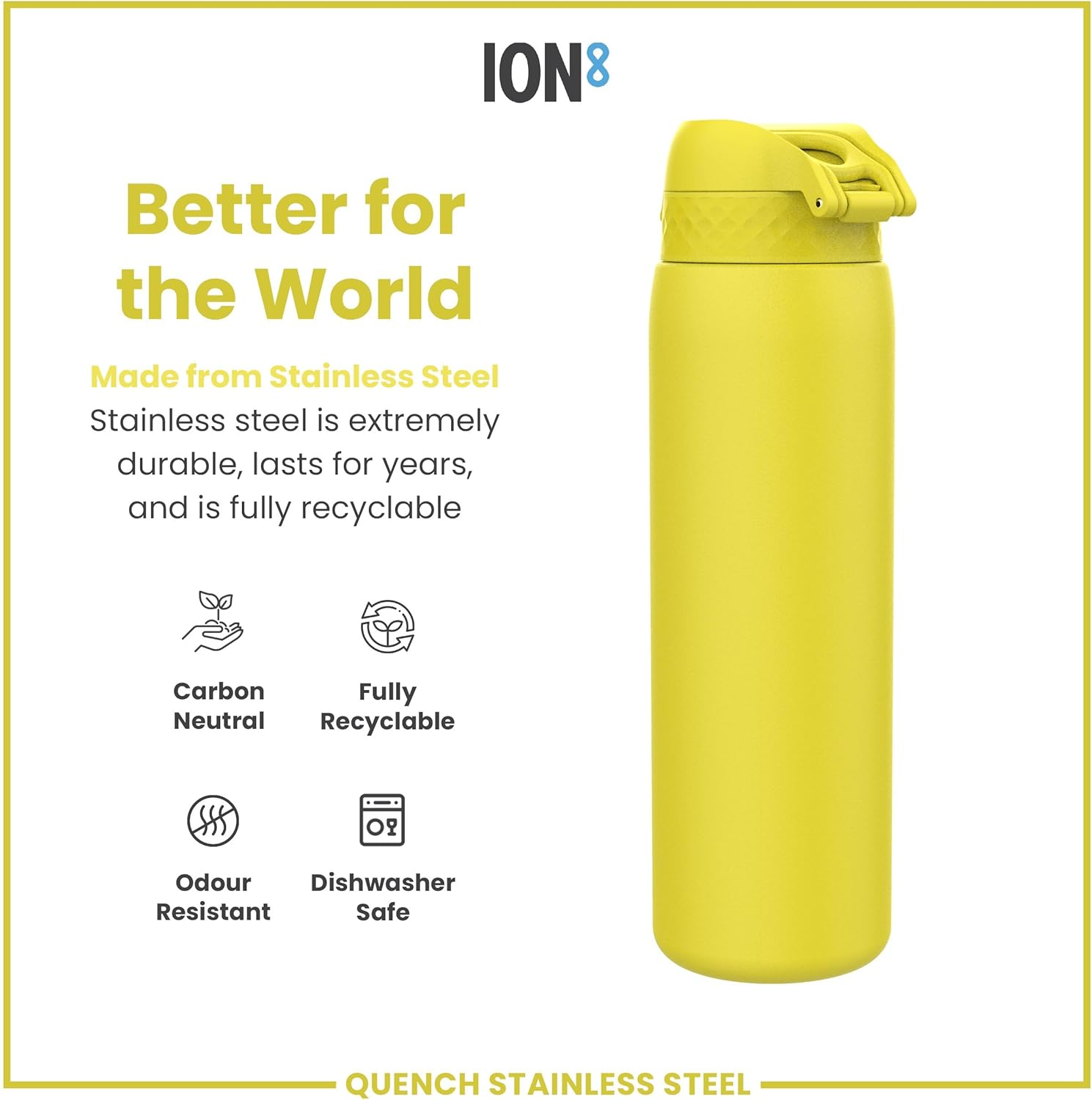 ION8 1 Litre Lightweight Stainless Steel Drinking Bottle, Non-Insulated, Leak-Proof, One-Handed Opening, Secure Locking, Dishwasher Safe, Hinged Lid, Carry Handle, Easy to Clean, Yellow - Yellow image number 3