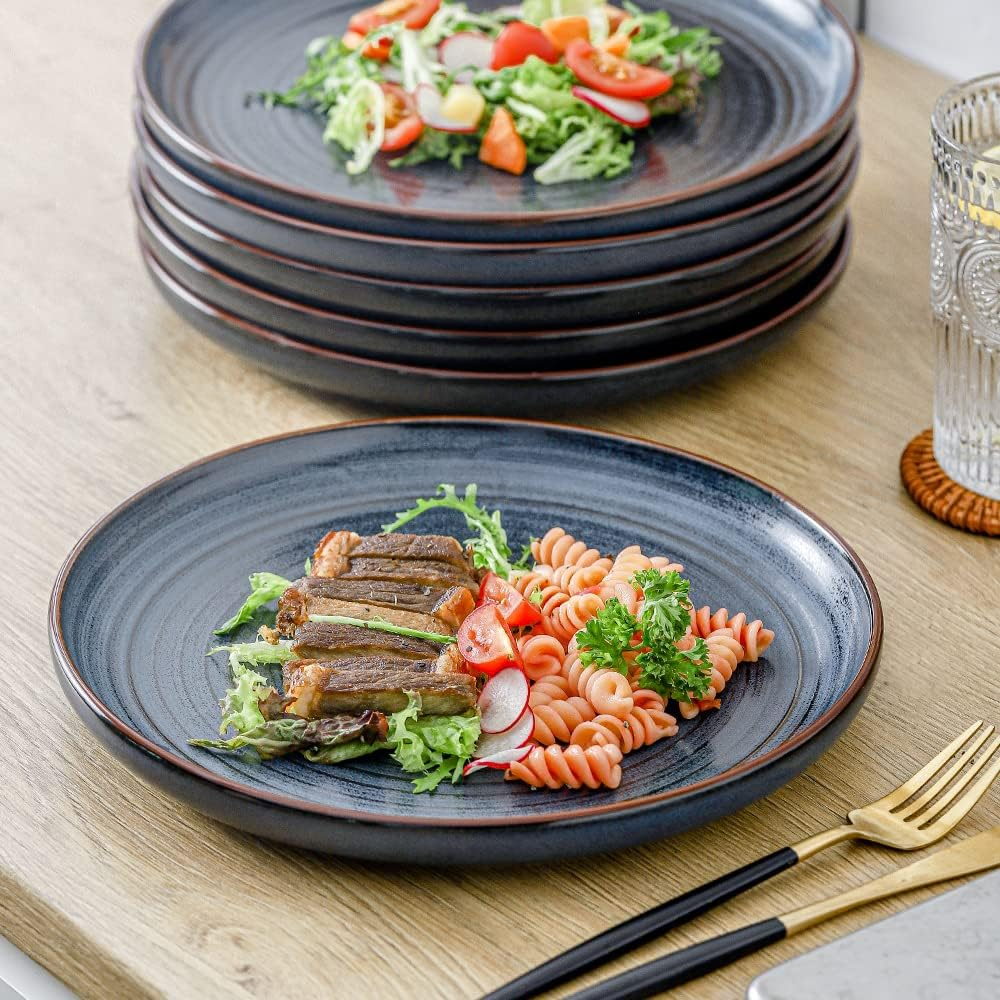 HVH Porcelain Dinner Plates Set of 6, 10.25 Inch Ceramic Plates Set, Large Dinner Plates Set for Dinner, Salad, Ceramic Dinner Plates, Healthy Dinner Plates Set of 6, Farmhouse Style (Black)