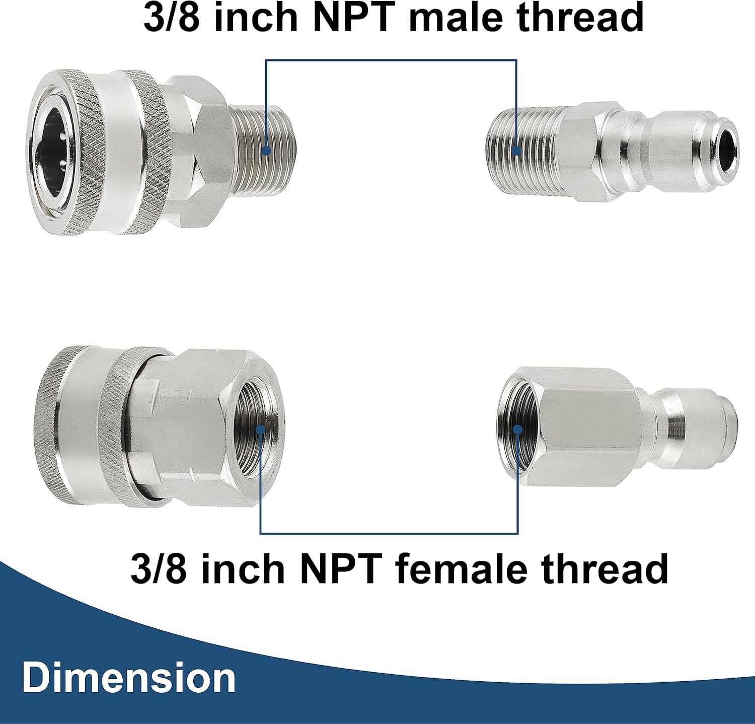 4 Pcs Pressure Washer Adapter Set, 3/8 Inch Pressure Washer Fittings, Pressurewasher Quick Connect Adapter Kit, Stainless NPT Female and Male Thread image number 5