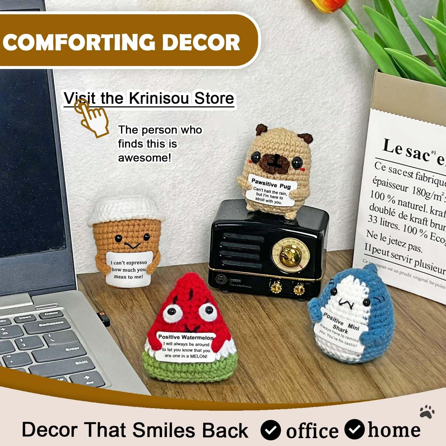 Pug Gifts for Pug Lovers, Positive Crochet Animals Dog, Mini Cute Pug Decor, Inspirational Encouragement Thinking of You Gifts for Women Best Friends image number 6