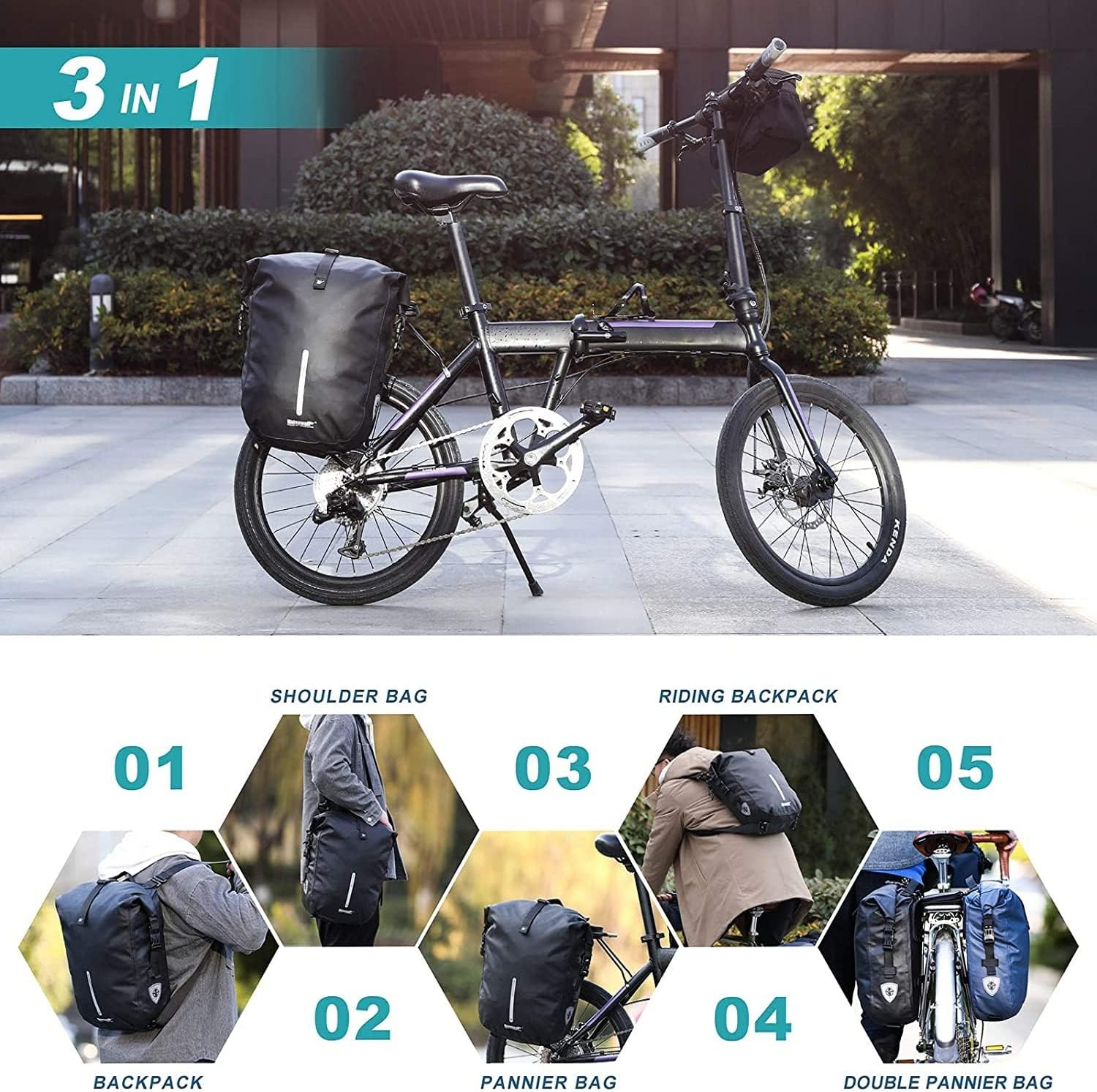 Rhinowalk Bike Pannier Bag, Waterproof Rack Bicycle Bag 20L, Bike Bag Shoulder Bag Laptop Pannier Backpack Professional Cycling Accessories-Black image number 5