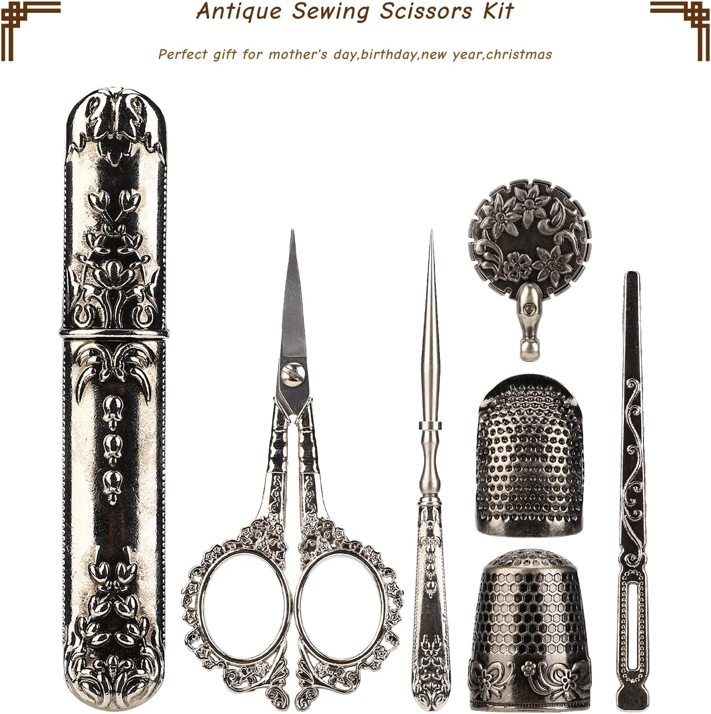 Gugxiom Vintage Embroidery Scissors Set, Stainless Steel Sewing Tools Complete Set, Beautiful and Practical Gift Box Packaging, for Mother'S Day, Birthday Gift (Silver) image number 1