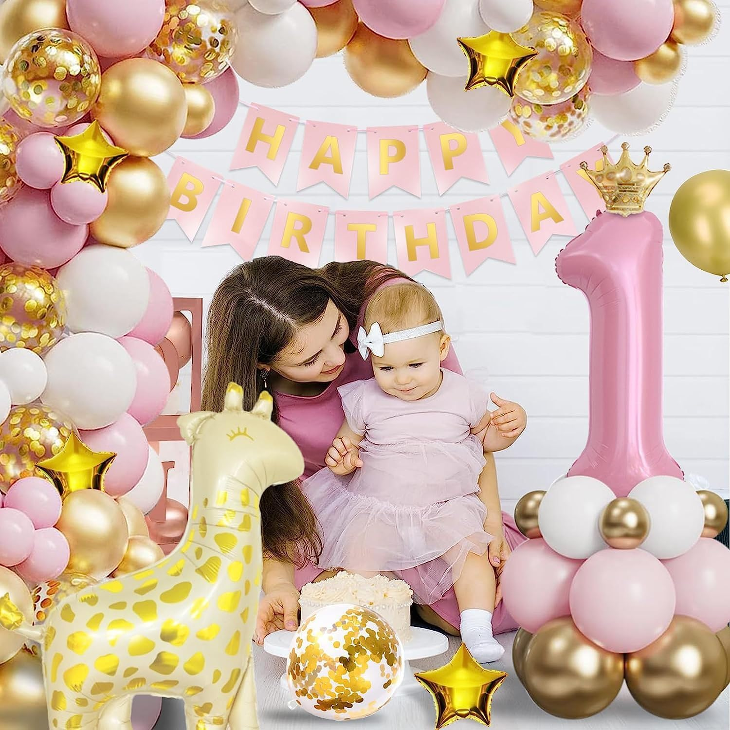 First Birthday Decorations Pink Balloon Arch Kit for Girl,Happy Birthday Banner Number 1 Balloon Garland Kit Party Decor image number 3