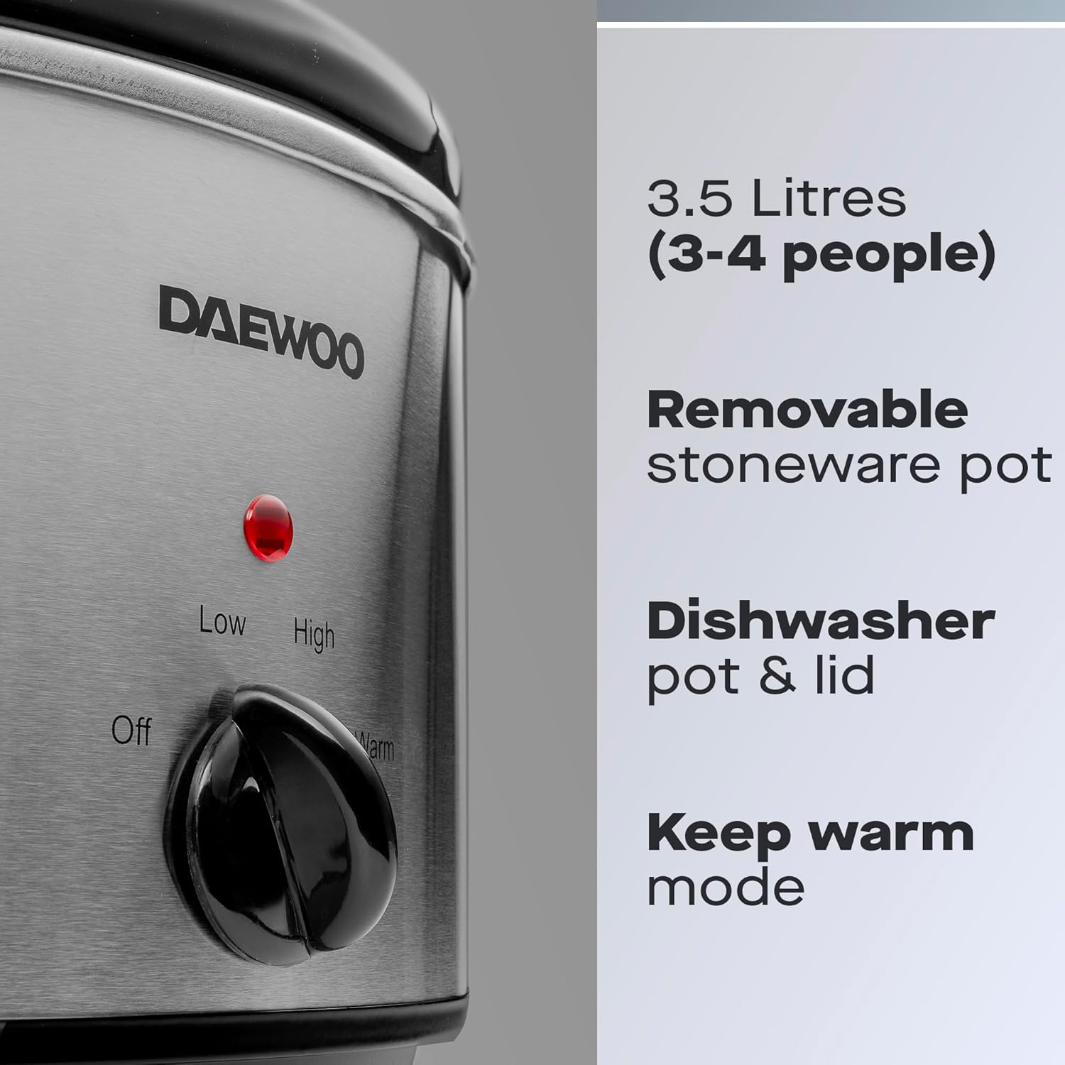 Daewoo 3.5L Slow Cooker &ndash; Compact Electric Cooker with Removable Ceramic Bowl & Glass Lid &ndash; 3 Heat Settings (Low, High, Keep Warm), Energy Efficient, Ideal for Small Families & Meal Prep, Black image number 1