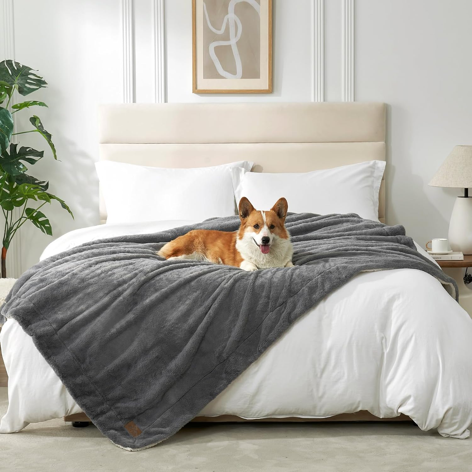 COZY KISS Soft Faux Fur Blanket for Woman Sofa Bed Couch, Liquid Pee Proof Throw for Large Dog or Cat, Waterproof Pet Blanket, Reversible Washable Plush, Double Sided, 50X60 In, Brown Deer Print