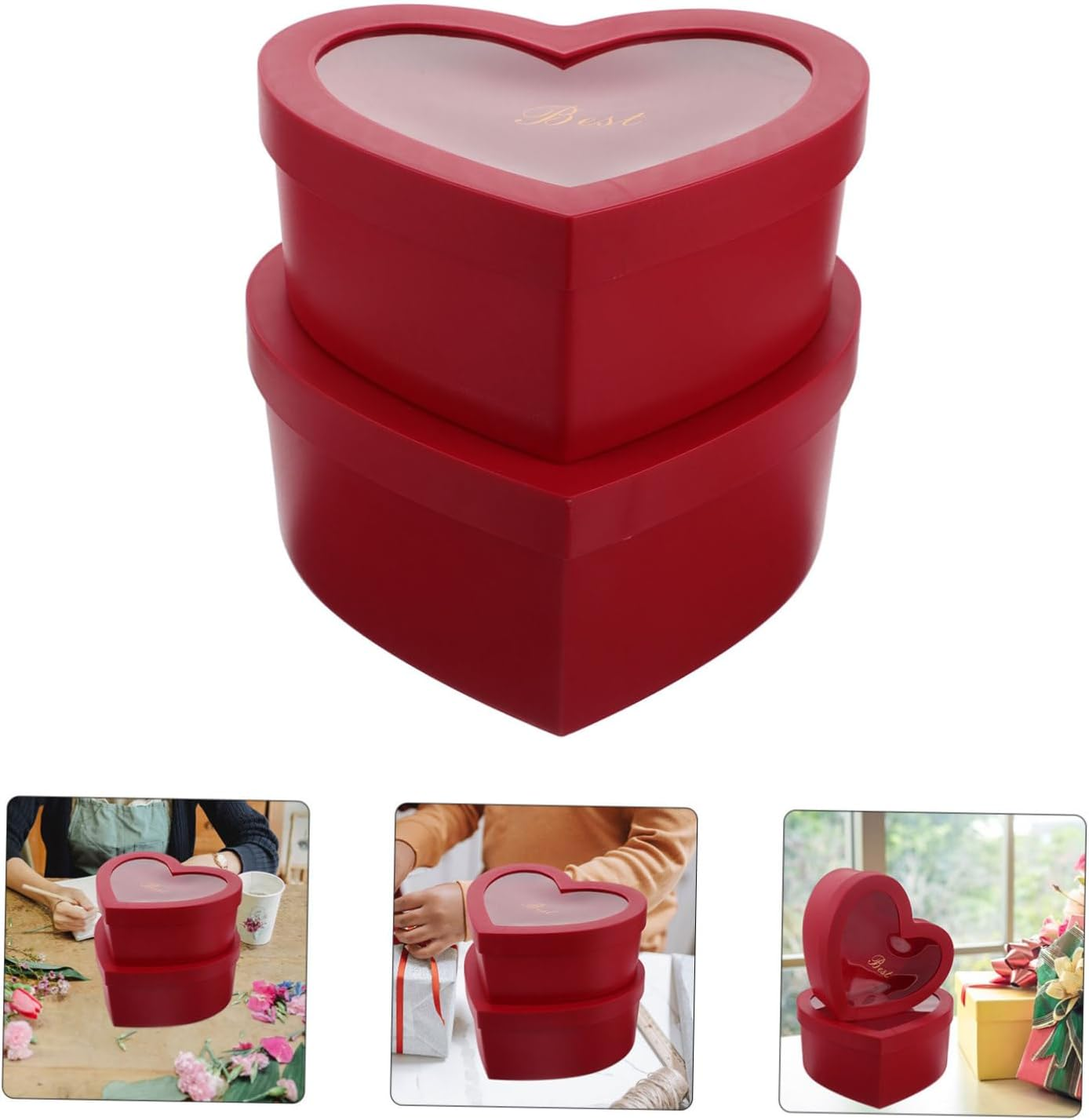 Outanaya 2Pcs Heart Shaped DIY Present Box with Lid Red Floral Arrangements Box with Transparent Window for Valentine Day Jewelry Storage and Creative Decor image number 3