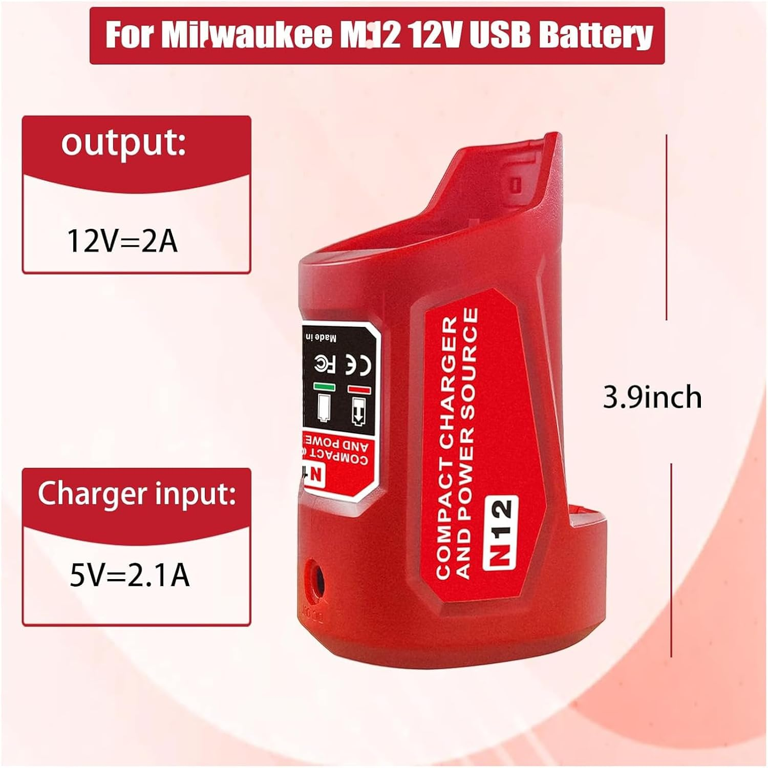 M-12 Battery Charger with Type-C Port & DC 12V Outlet，Power Source Replacement for Milwaukee M12 12V Battery Adapter for Milwaukee Heated Jacket 49-24-2310 Compatible with 48-11-2420 48-11-2411 image number 3