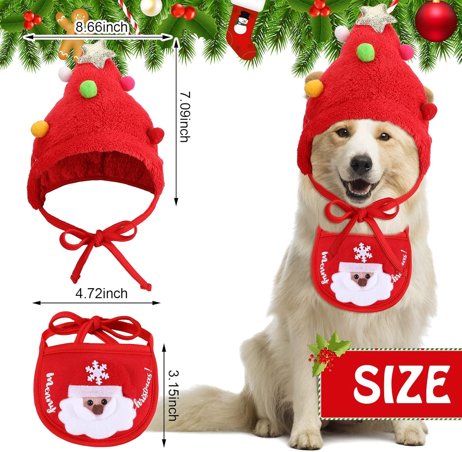 Lauwell 4 Pcs Christmas Dog Pet Costume Include 2 Christmas Tree Hat Small Dog Headgear and 2 Adjustable Collars Bib Santa Elf Cat Bib for Xmas Dog Cat Outfit Clothing Party Accessory image number 6