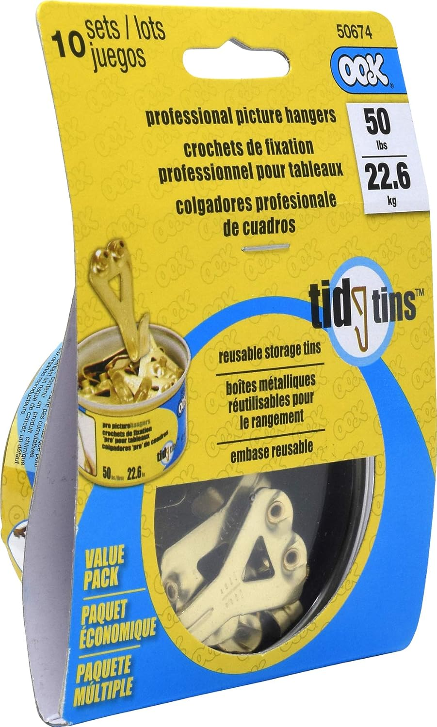 OOK 50674 Professional Picture Hangers, Art Hangers, Padded, Brass, Reusable Picture Hooks, 50Lb (10 Set), Gold