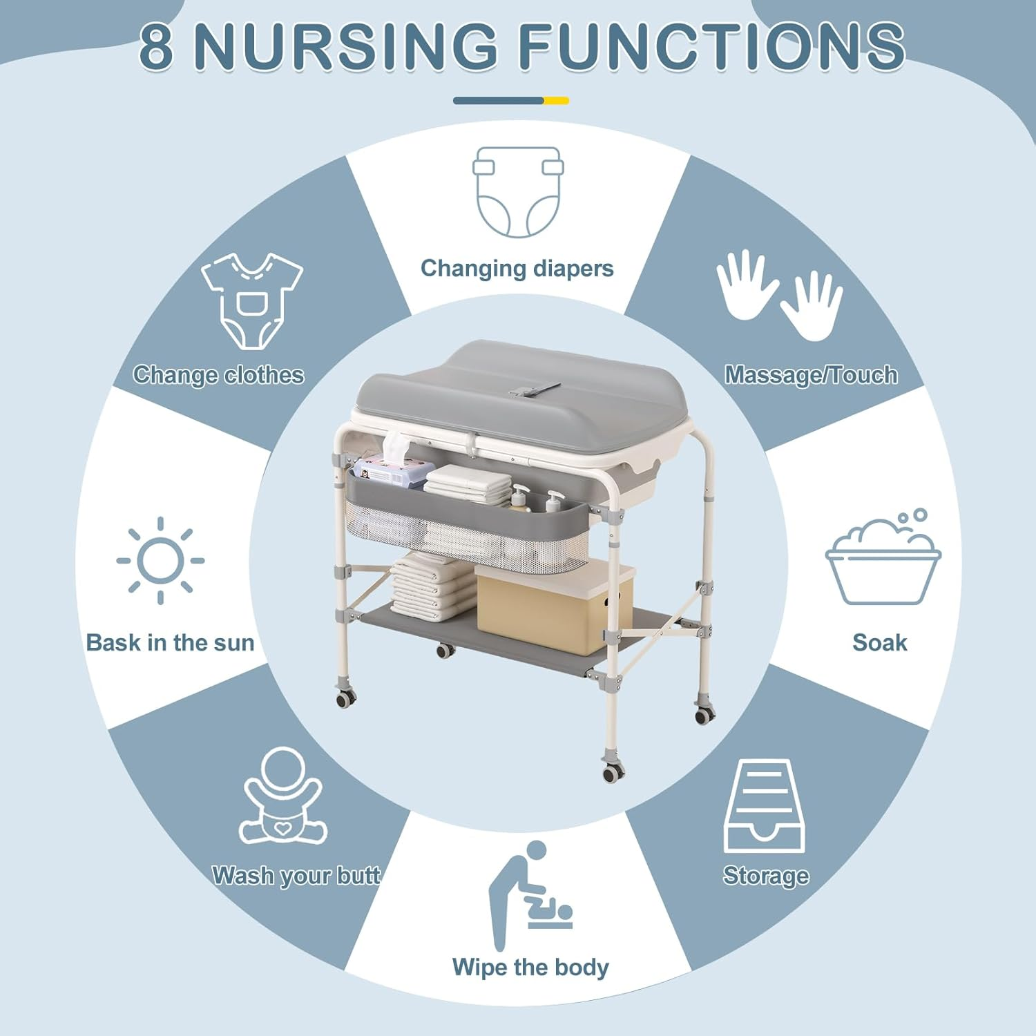 Portable Baby Changing Table 2-In-1 Baby Change Station with Tub Foldable Baby Bath Stand Diaper Change Table for Newborn Infant Mobile Nursery Organizer (Foldable) image number 2