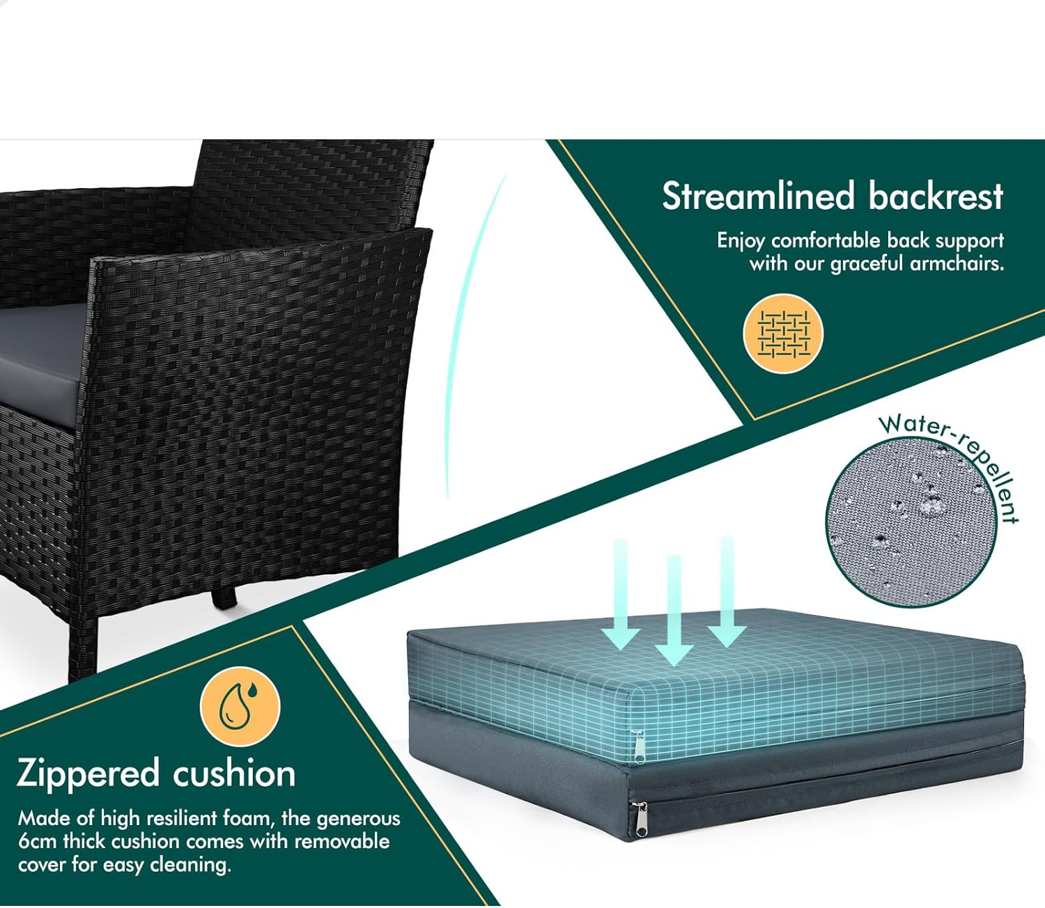 ALFORDSON Outdoor Patio Furniture 3Pcs Conversation Set, Wicker 3 Pieces Lounge Chair & Glass Coffee Table Setting, Steel Frame Garden Rattan Sofa with Cushions, Black image number 1