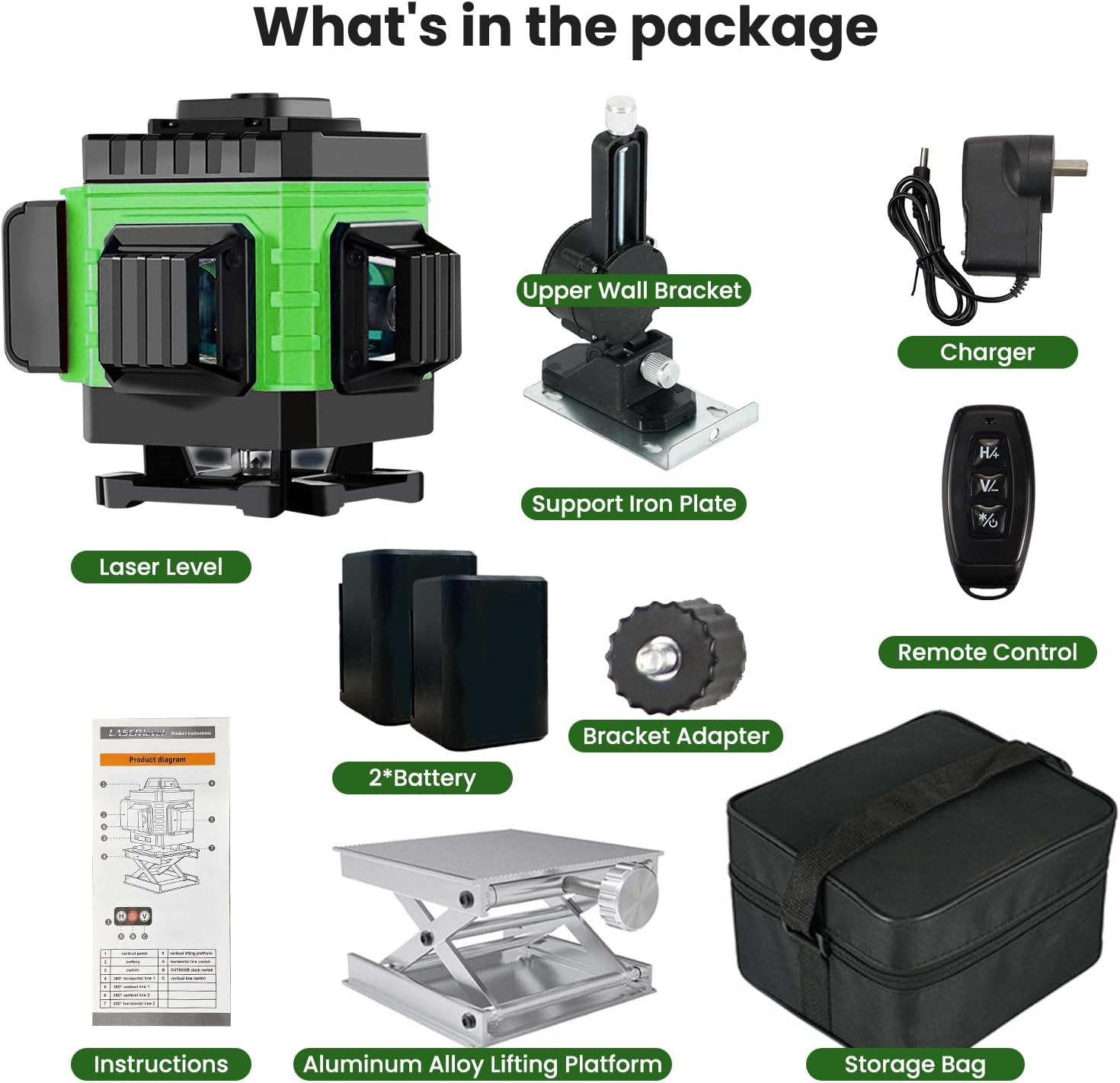 Xkimos Laser Level Green Self Leveling 12 Lines 3X360&deg;Adjustable Brightness Horizontal & Vertical Cross Line with Manual and Pulse Mode for Indoor Outdoor, 2Xbattery,Remote Control,Charger and so On image number 3