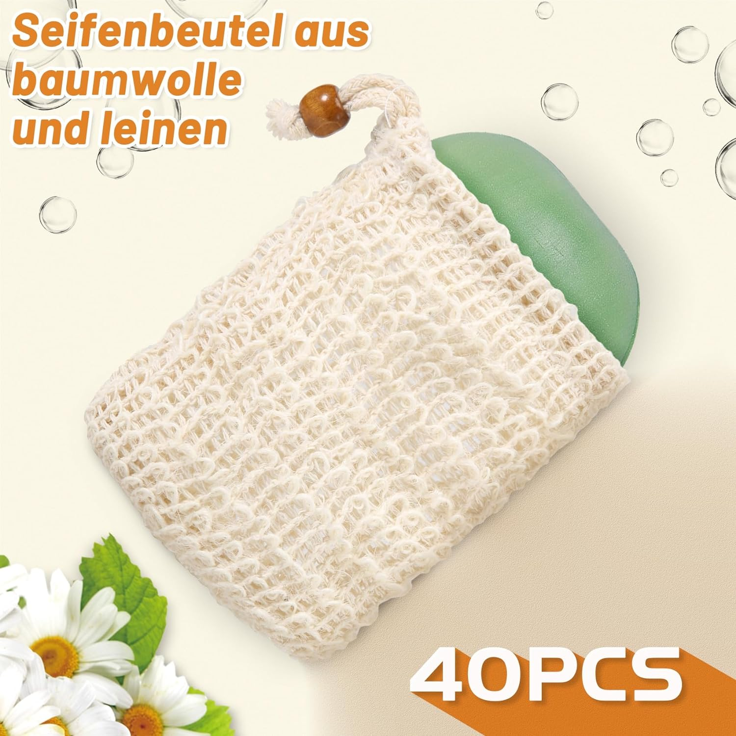 Spacesea Soap Exfoliating Bag Natural Sisal Soap Bag Zero Waste Mesh Bar Soap Saver Bag with Drawstring for Shower (40 Pack) image number 2