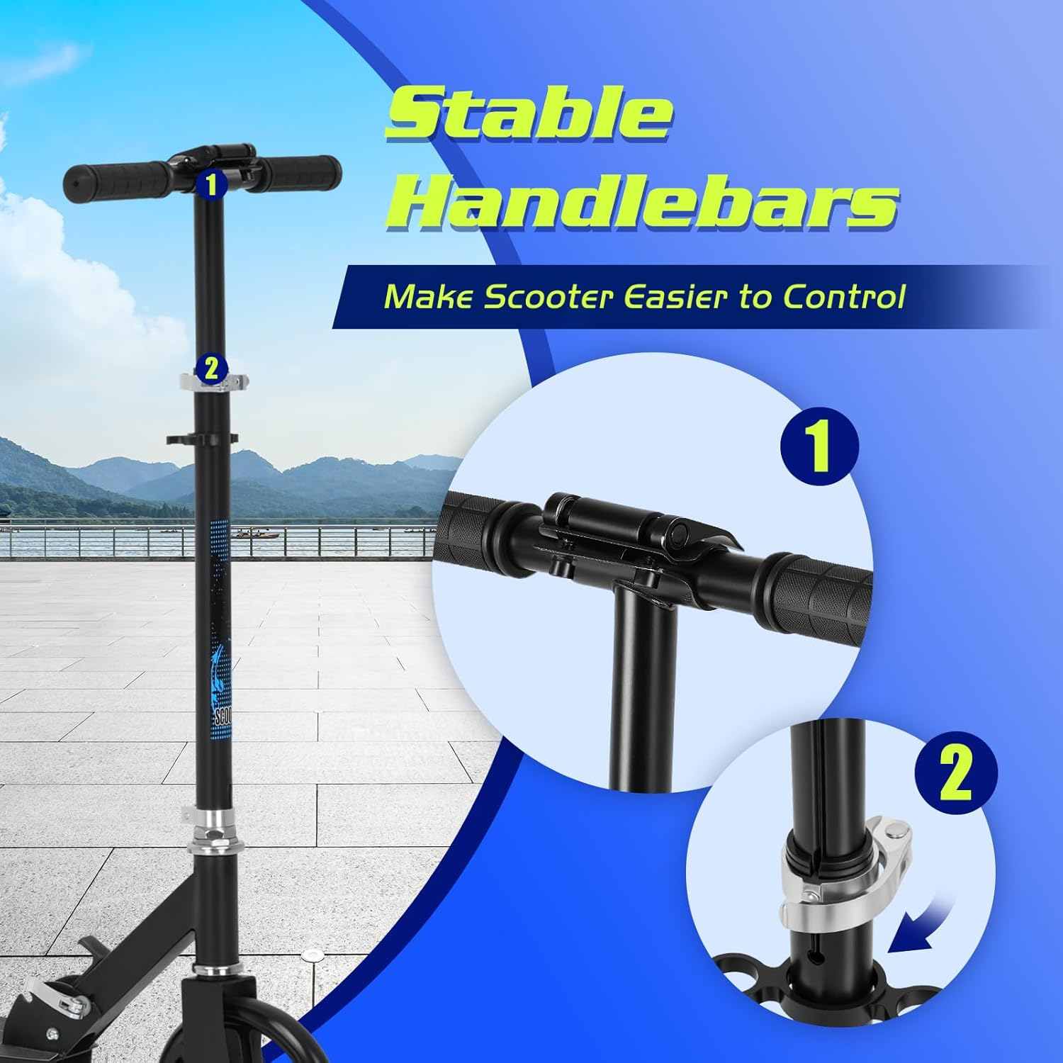 Advwin Kick Scooter Folding Scooter, 3 Adjustable Height for Ages 6+ Kid, Teens & Adults 20Cm PU Wheels Load 100Kg, Blue image number 4