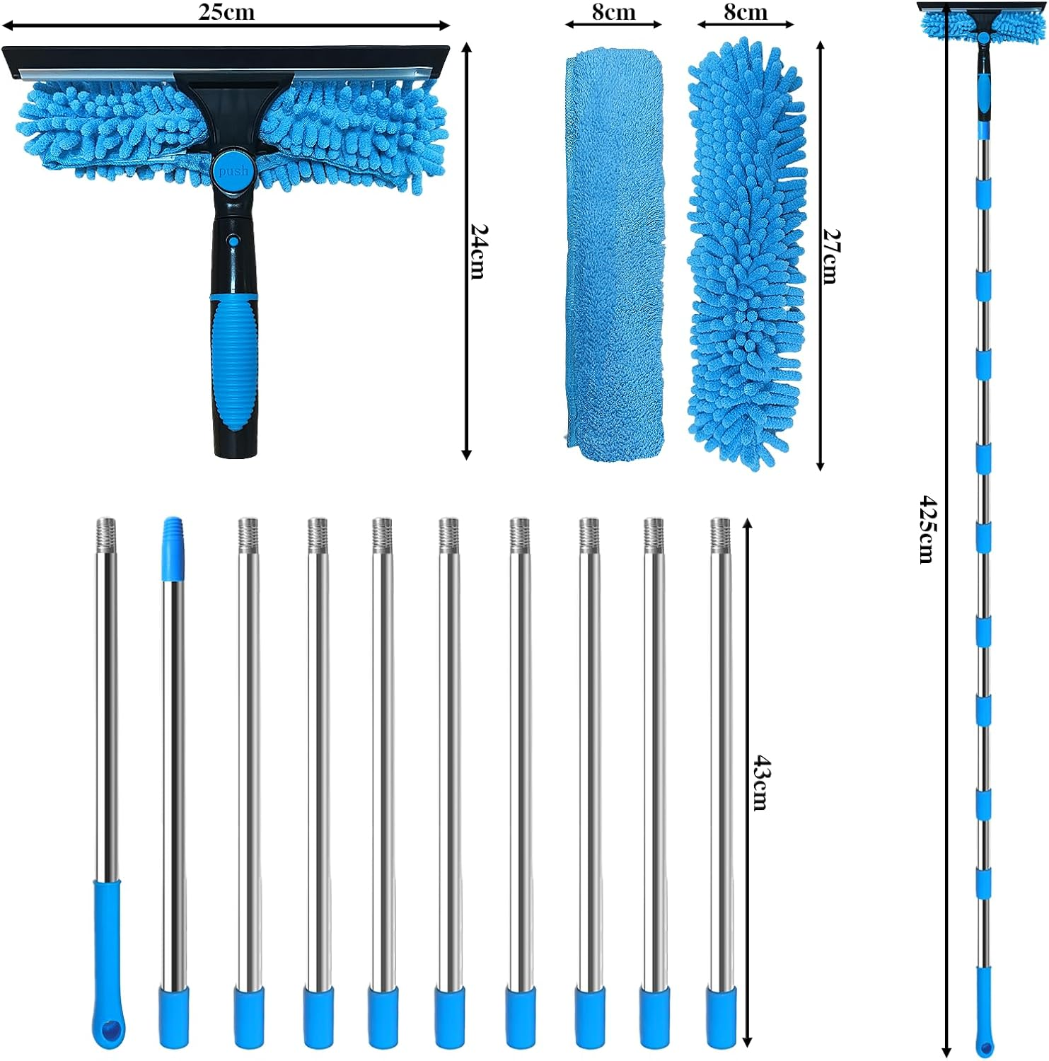 425 Cm Window Cleaner with Telescopic Handle, 2-In-1 Professional Window Cleaning Set, Silicone Squeegee, Microfibre Scrubber, Window Cleaning Set for Bathroom, Shower, Glass, Mirror, Wall, Car image number 3