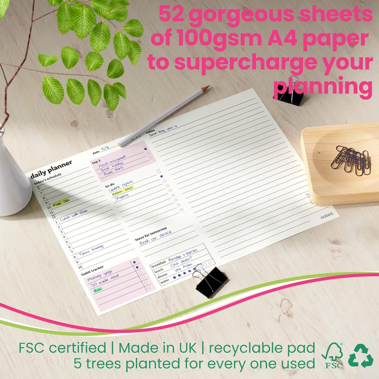 A4 Daily Planner Pad &ndash; 52 Sheets - Organiser with Daily Schedule, Large Notes Area, to Do List Daily Planning, Habit Tracker &ndash; Tear off Desk Pads for Work, Business, Home or Exam Study Revision image number 2