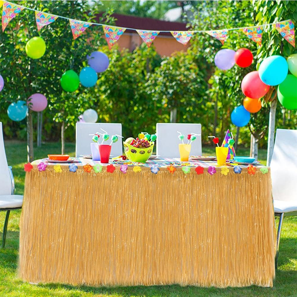 YSHIGUING Hawaiian Luau Table Skirt, 9Ft Rectangular Plastic Table Cloth, Yellow, 276 X 75 Cm, Tropical Party Decorations image number 3