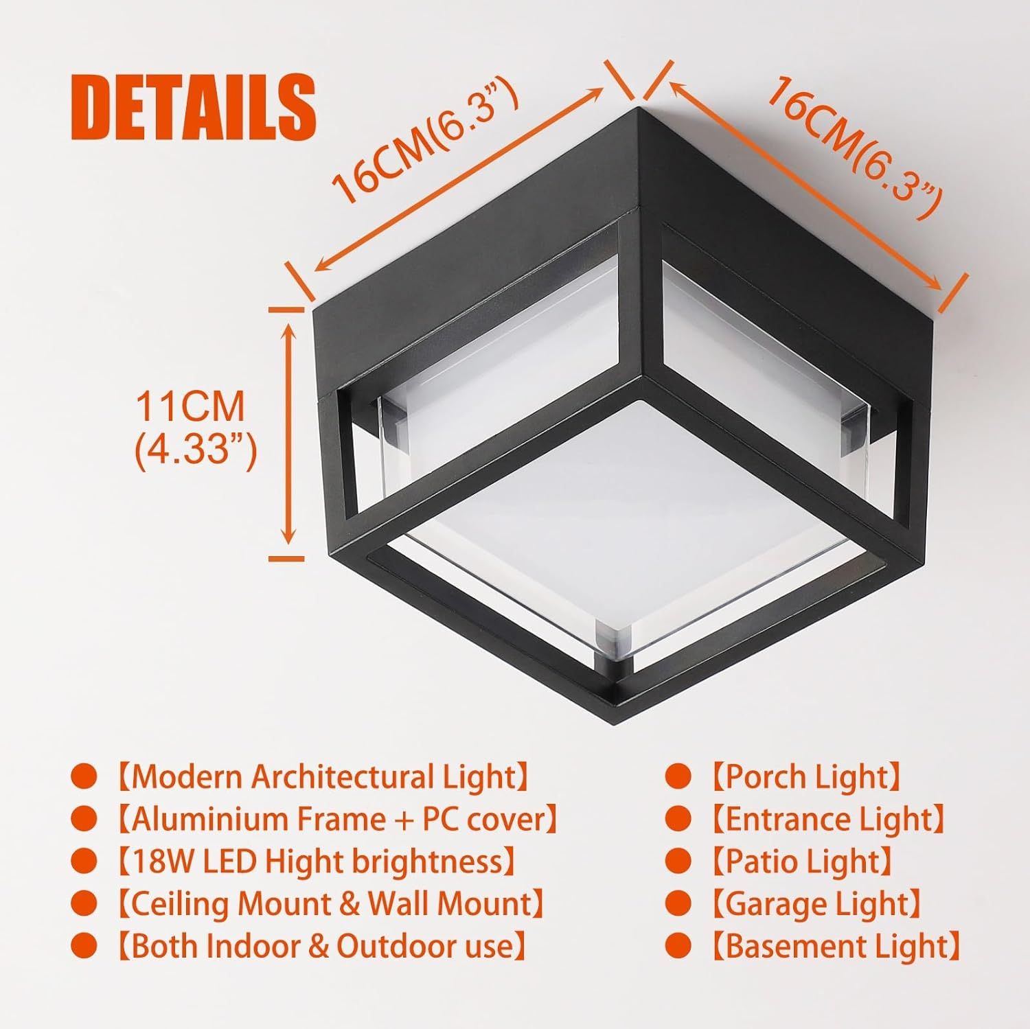 Square Ceiling Light Porch Light LED Flush Mount for Wall or Ceiling, Outdoor Wall Light for Patio Balcony Terrace, 3K Warm Light, 125W of Light, Matt Black Aluminum with PC Lens, Wet Location image number 3