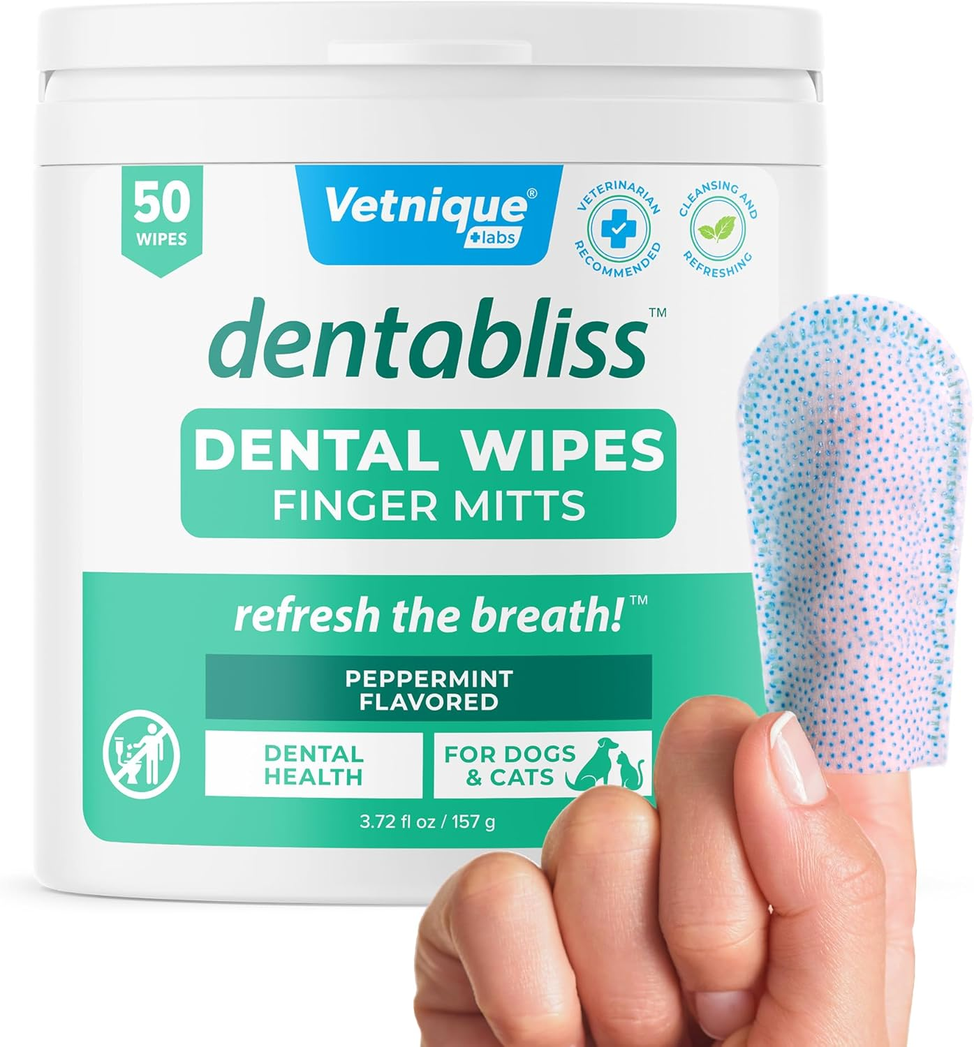 Vetnique Dentabliss - Dog Teeth Cleaning Finger Mitt Dental Wipe - Dog Plaque and Tartar Prevention with Brushing Beads - Convenient Peppermint Dog Teeth Wipes, Dog Breath Freshener