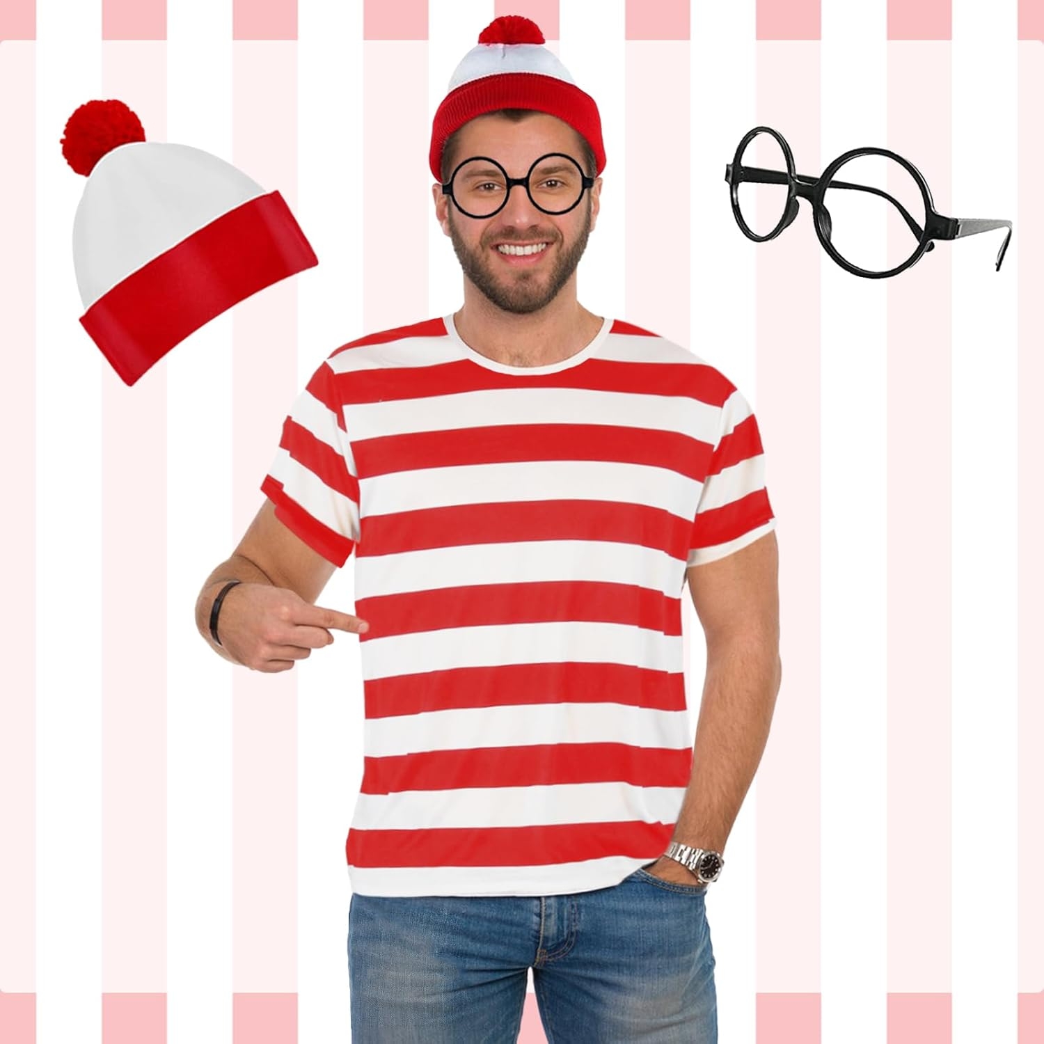 Wally Costume Cosplay Accessories Set with Red and White Striped T-Shirt, Beanie Hat, Black Nerd Glasses Fancy Dress for Adult, Kids World Book Day, Halloween，School Dress up Day image number 1