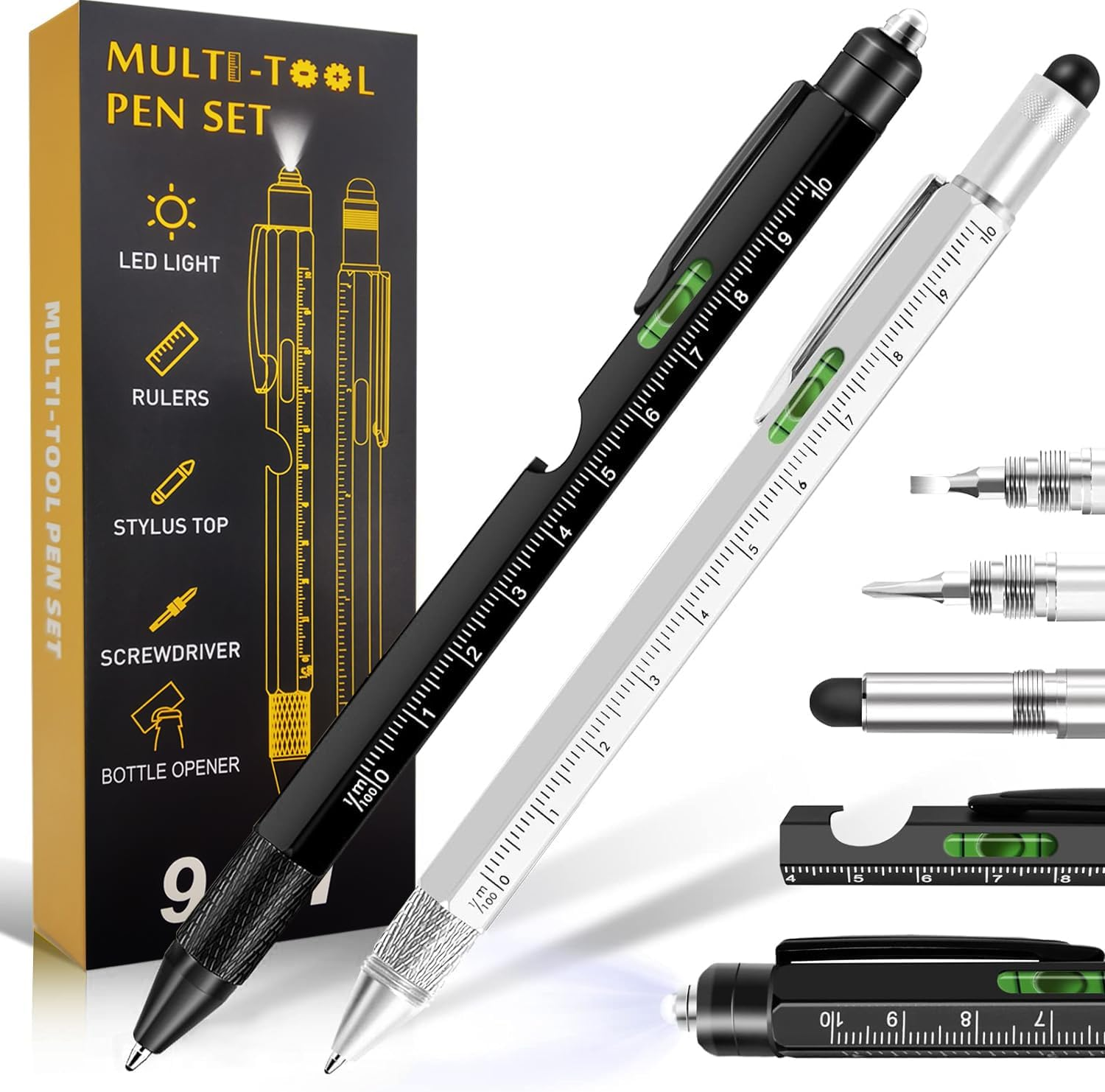 Multitool Pen 2-Pack - Multi-Tool Pens with LED Light, Flathead & Phillips Screwdrivers, Level, Ruler, Bottle Opener, and Stylus. Gift-Ready Box with Ink Refills & Batteries. Great for EDC