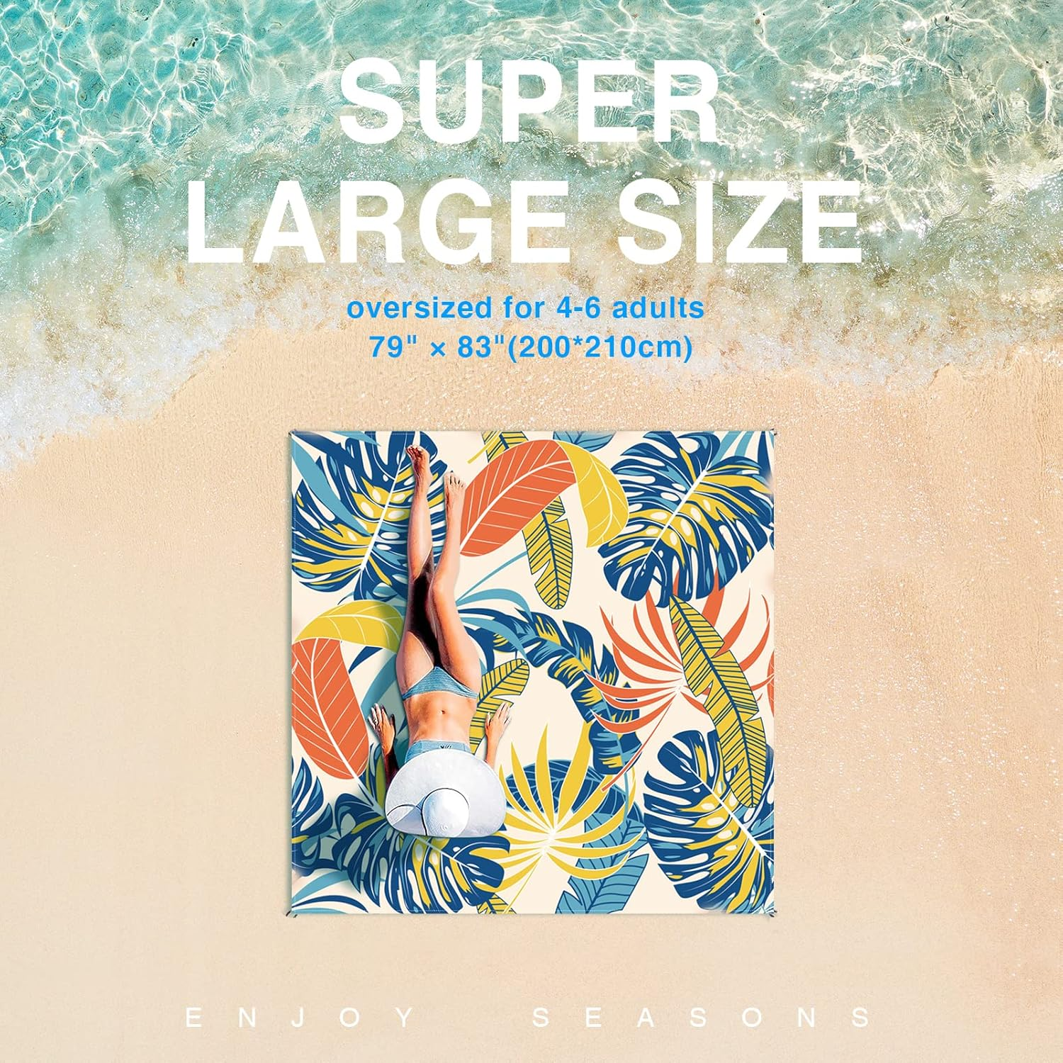 Beach Blanket Sandproof, Waterproof Beach Mat Oversized 79 X 83 Inch for 4-6 Adults, Lightweight Beach Blanket for Outdoor Travel Camping Hiking - Colorful image number 2