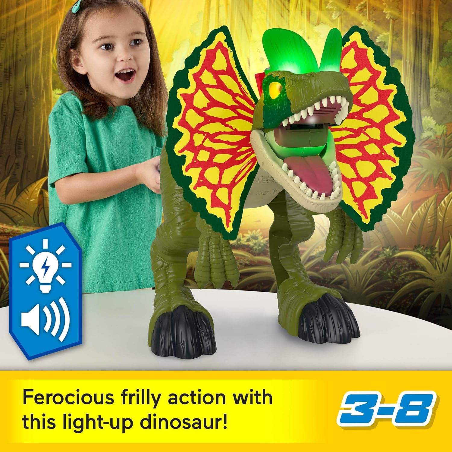 Fisher-Price Imaginext Jurassic World Dinosaur Toy Thrash Attack Dilophosaurus 16+ Inch Figure with Lights & Sounds for Kids Ages 3+ Years image number 1