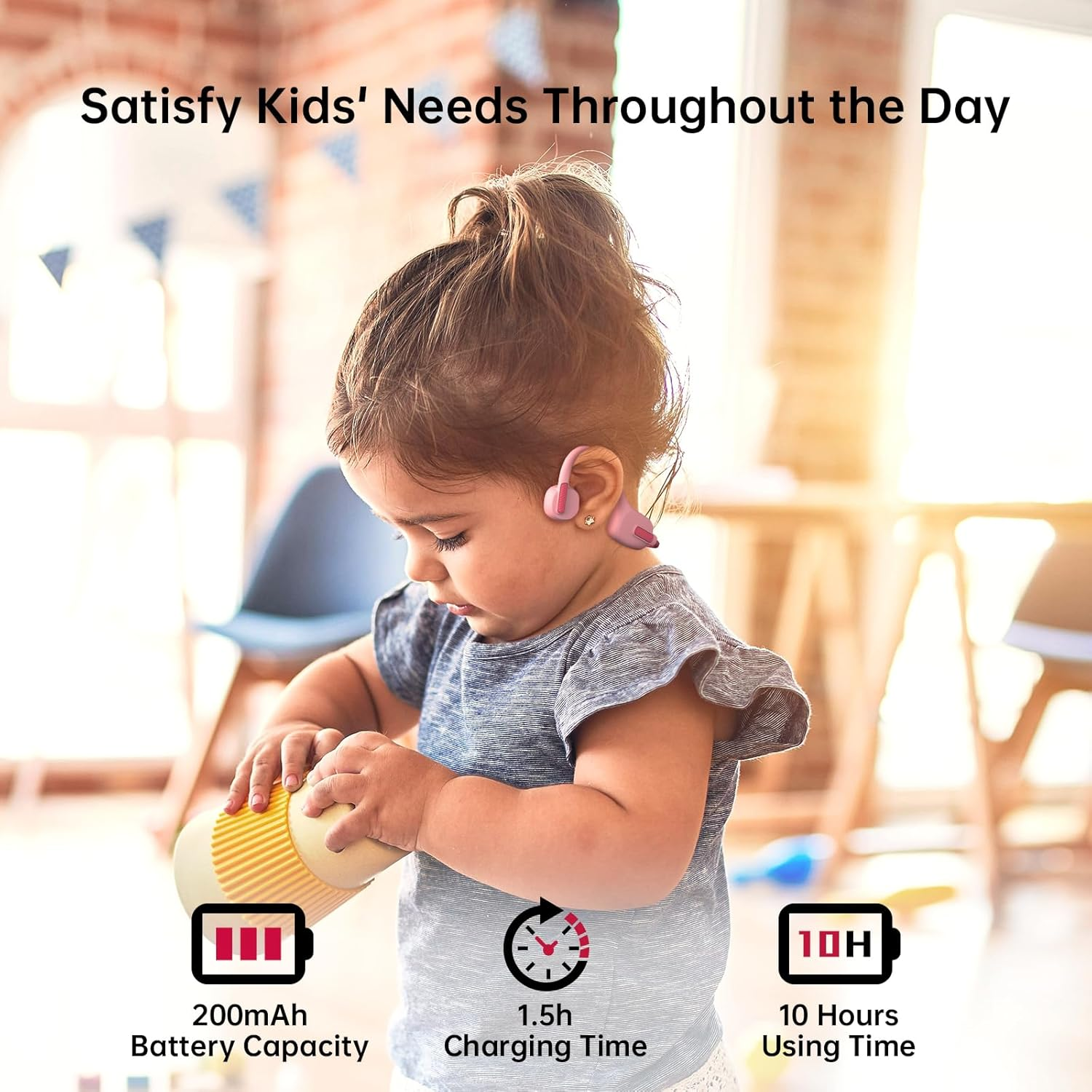 LOBKIN Kids Headphones Open Ear,Bluetooth 5.3 Air Conduction Wireless Lightweight Toddler Earbuds IPX5 Waterproof with Microphone for School,Home and Outdoor Activities Gifts for Boys Girls image number 2