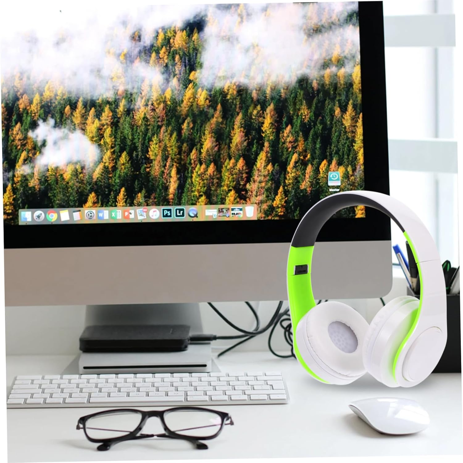 NUOBESTY Foldable Over-Ear Wireless Headphones with Noise Cancelling and Adjustable Headband, Stereo Wireless Headset for Music and Calls, Compatible with Cellphones and Pc, Green White image number 1