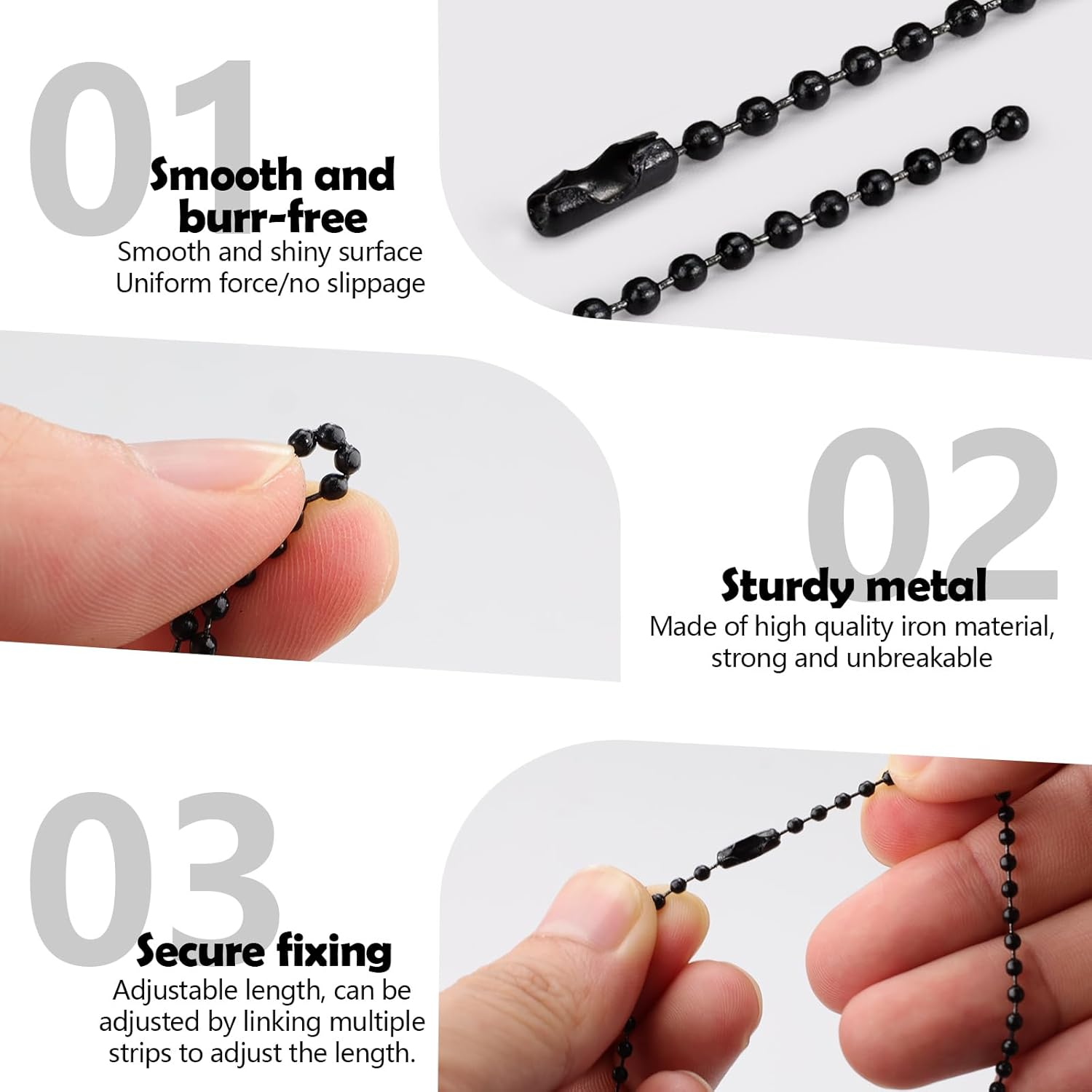 Sekonow 300Pcs Ball Bead Chain, 4" Long 2.4Mm Diameter Ball Chain Key Chain with Connectors, Metal Beaded Chain Keychain Rings for Key Chains Making Crafts Dog Tag Chain, Black image number 5