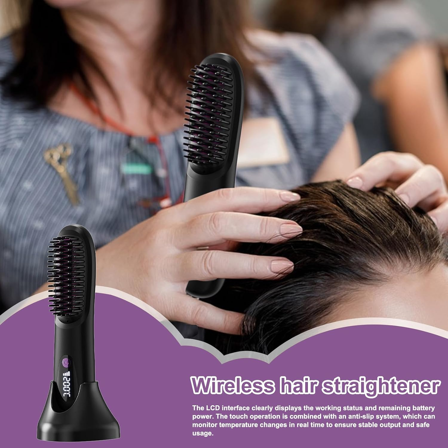 Apujent Hair Straightener - Cordless Brush Straightener for Women - Portable Grooming Straightening Tools with 3-Temperature for Salon Travel Home Morning Routine Trip image number 4