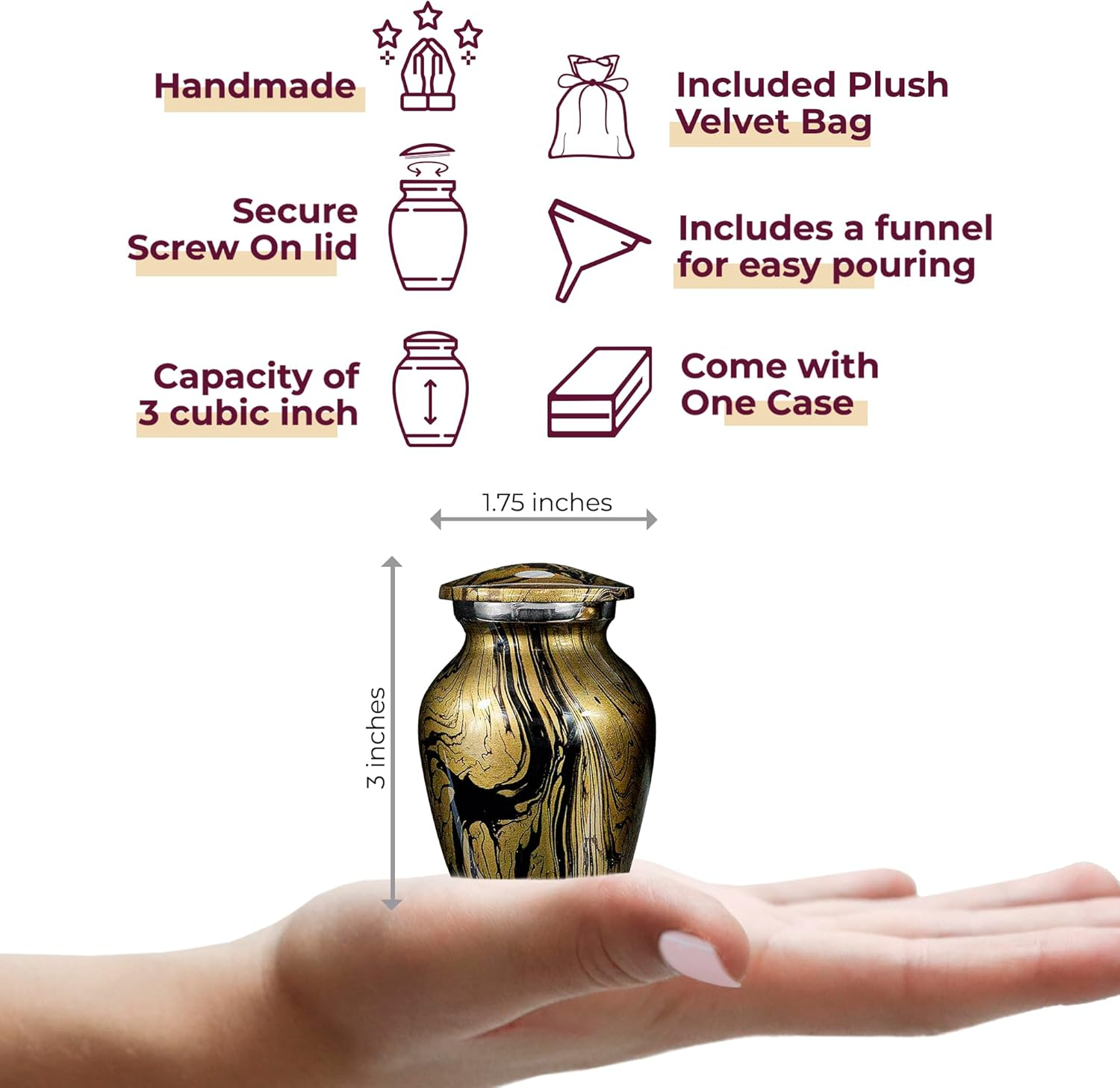 Desert Sands Beautiful Small Mini Keepsake Urn for Human Ashes - Qnty 1 - with a Lovely Gold and Black Finish That Will Bring You Comfort and Peace - with Velvet Case image number 1