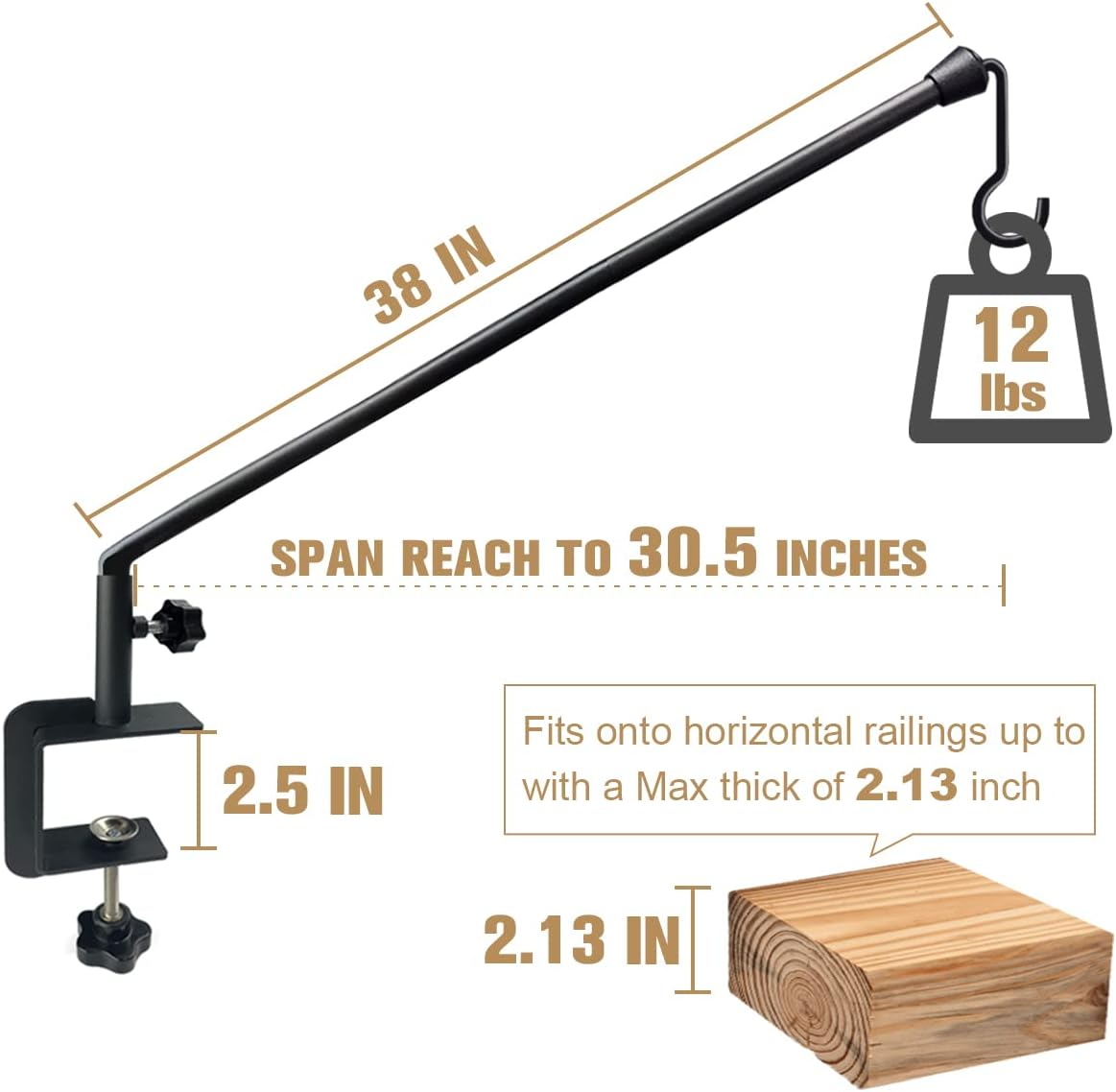 38 Inch Extended Reach Deck Hook Hanger for Railing, Heavy Duty Outdoor Plant Hook Holder for Hanging Bird Feeder Flower Basket Planter or Lanterns, 2 Packs image number 4