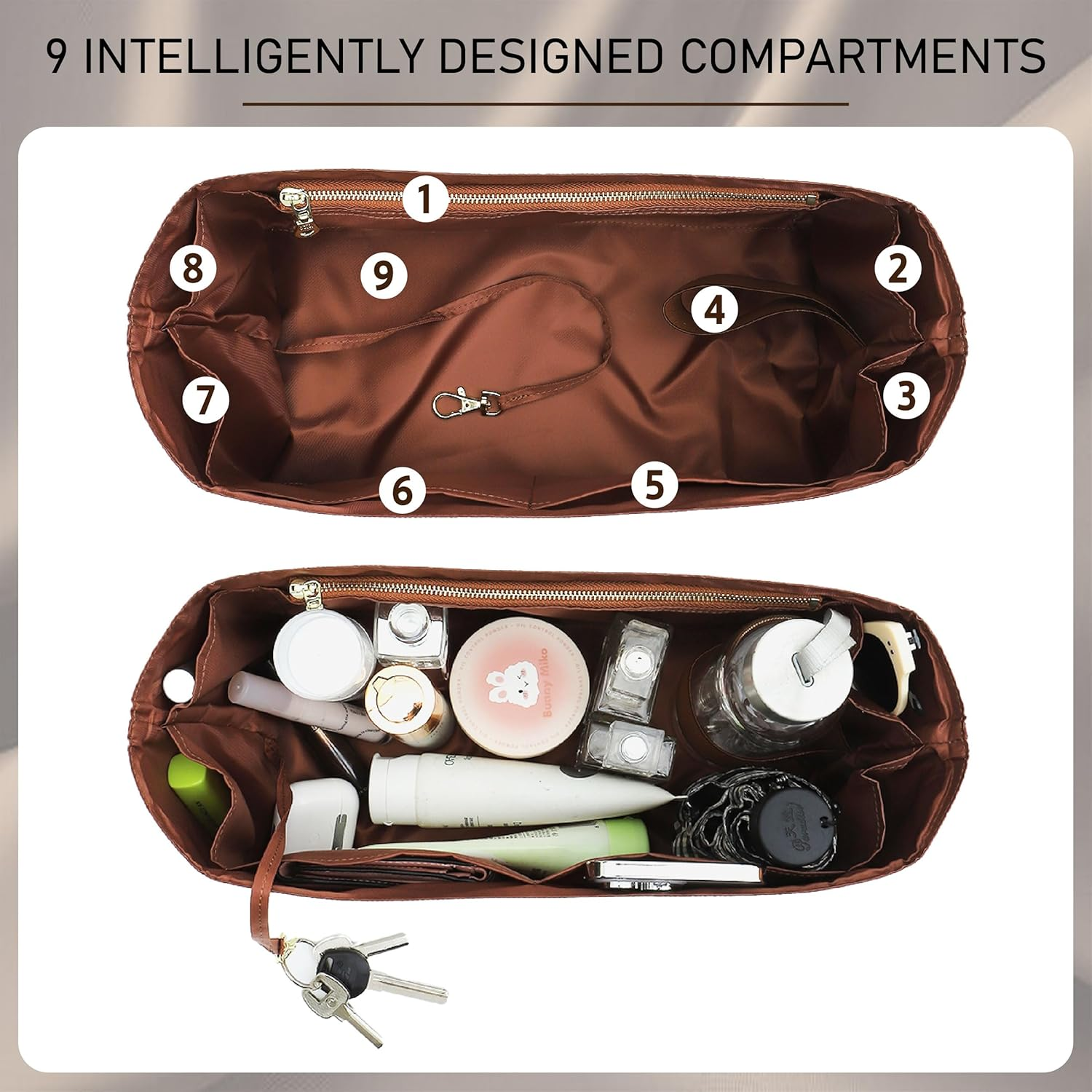 Doxo Purse Organizer Insert for Coach City Tote 30, Lightweight Tote Bag Organizer with Keychain, 9 Pockets Bag Insert with Cup Holder Zippered Section, Handbag Organizer Storage Divider (White Brown) image number 4