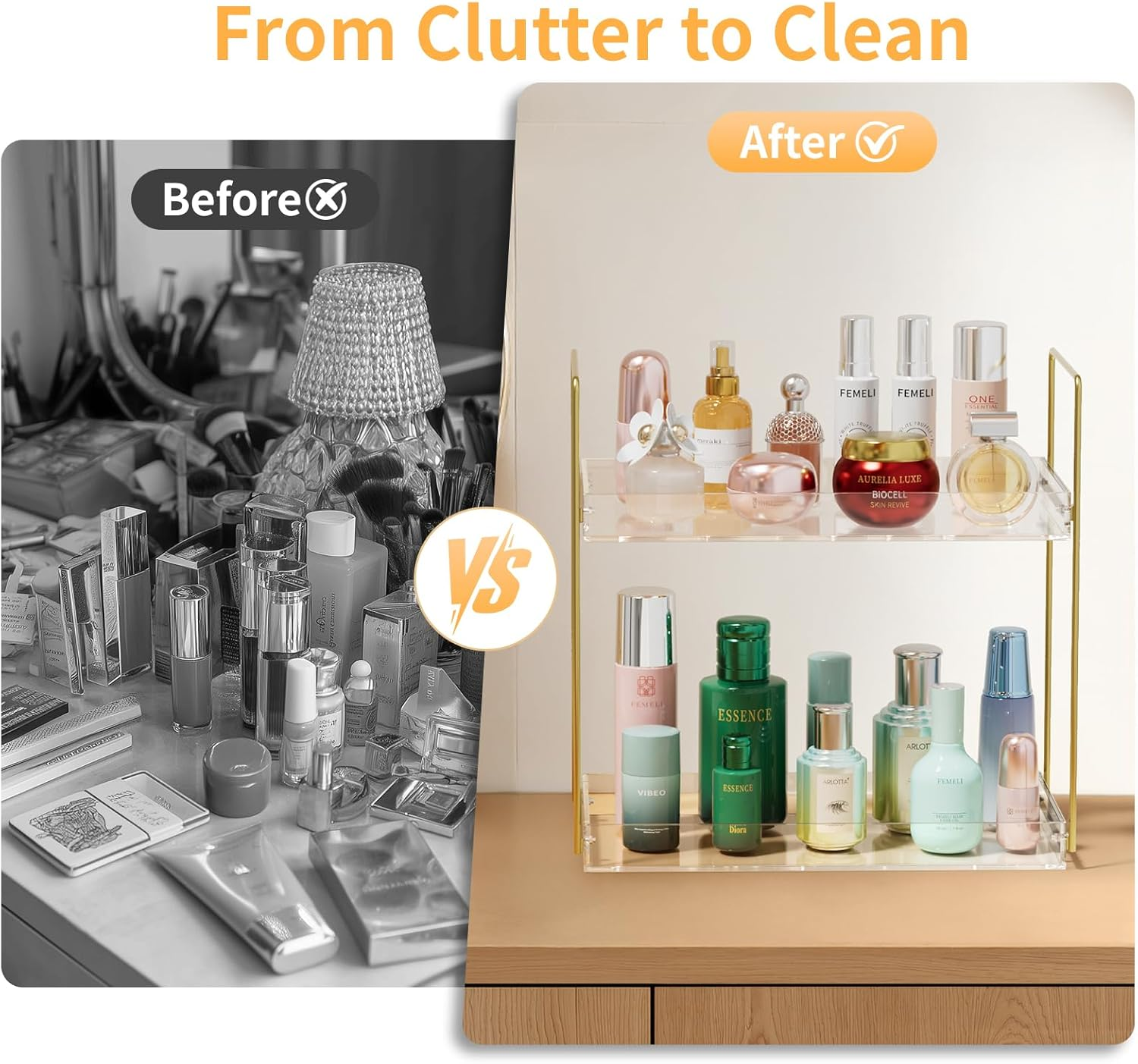 Bathroom Countertop Organizer, 2 Tier Acrylic Tray Vanity Counter Skincare Organizer Shelf, Kitchen under Sink Standing Rack, Home Storage Holder for Lotion Makeup Cosmetics Perfume Spice, Gold image number 4