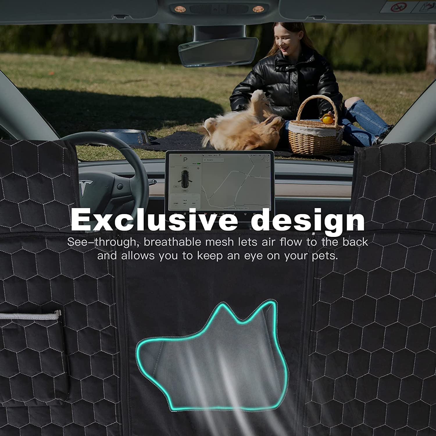 Meginc Dog Seat Covers for Back Seat, Dog Car Seat for Tesla Model 3, 100% Waterproof Pet Seat Cover Protects from Scratches, Scuffs, Dog Hammock for Tesla with Mesh Window & Headrest Protection