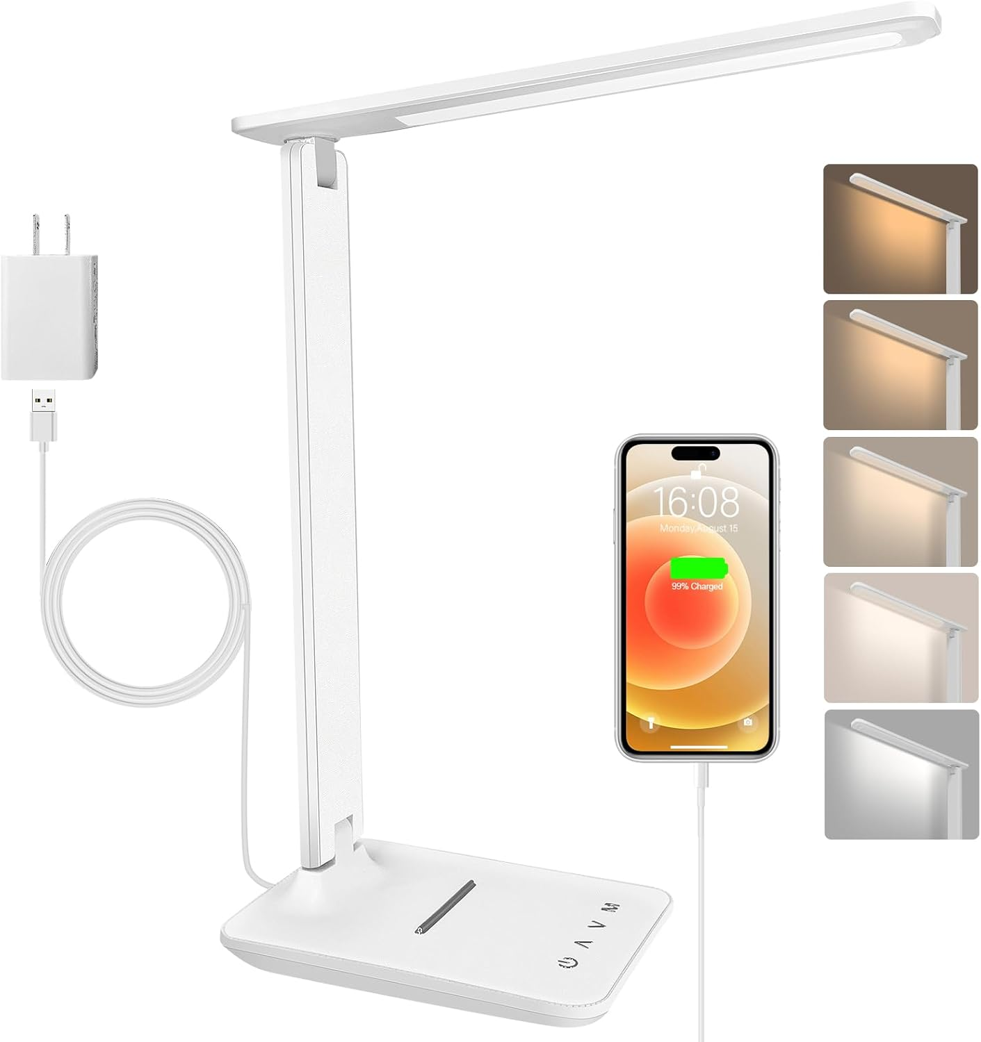 Jumoking Desk Lamp LED Dimmable Eye Protection, Desk Lamp with 5 Colours and 5 Brightness Levels, Table Lamp with USB Charging Port, Touch Control for Children, Bedroom, Reading, Offices (White)