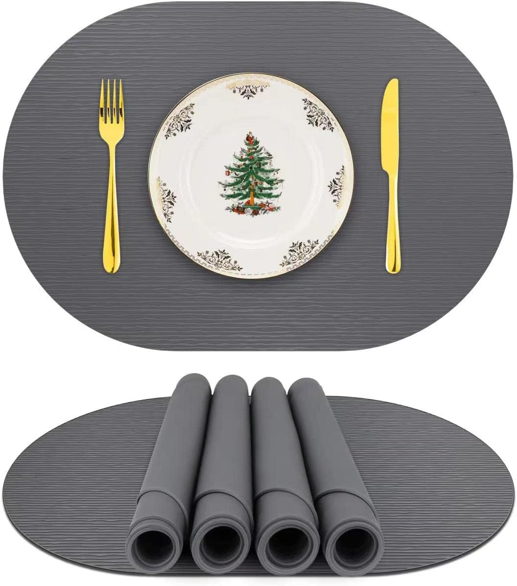 IYYI Silicone Placemats, Oval Placemats for Dining Table, Dishwasher Safe Table Mats Waterproof Non-Slip Kids Placemats Set of 4 （Light Gray-Line）