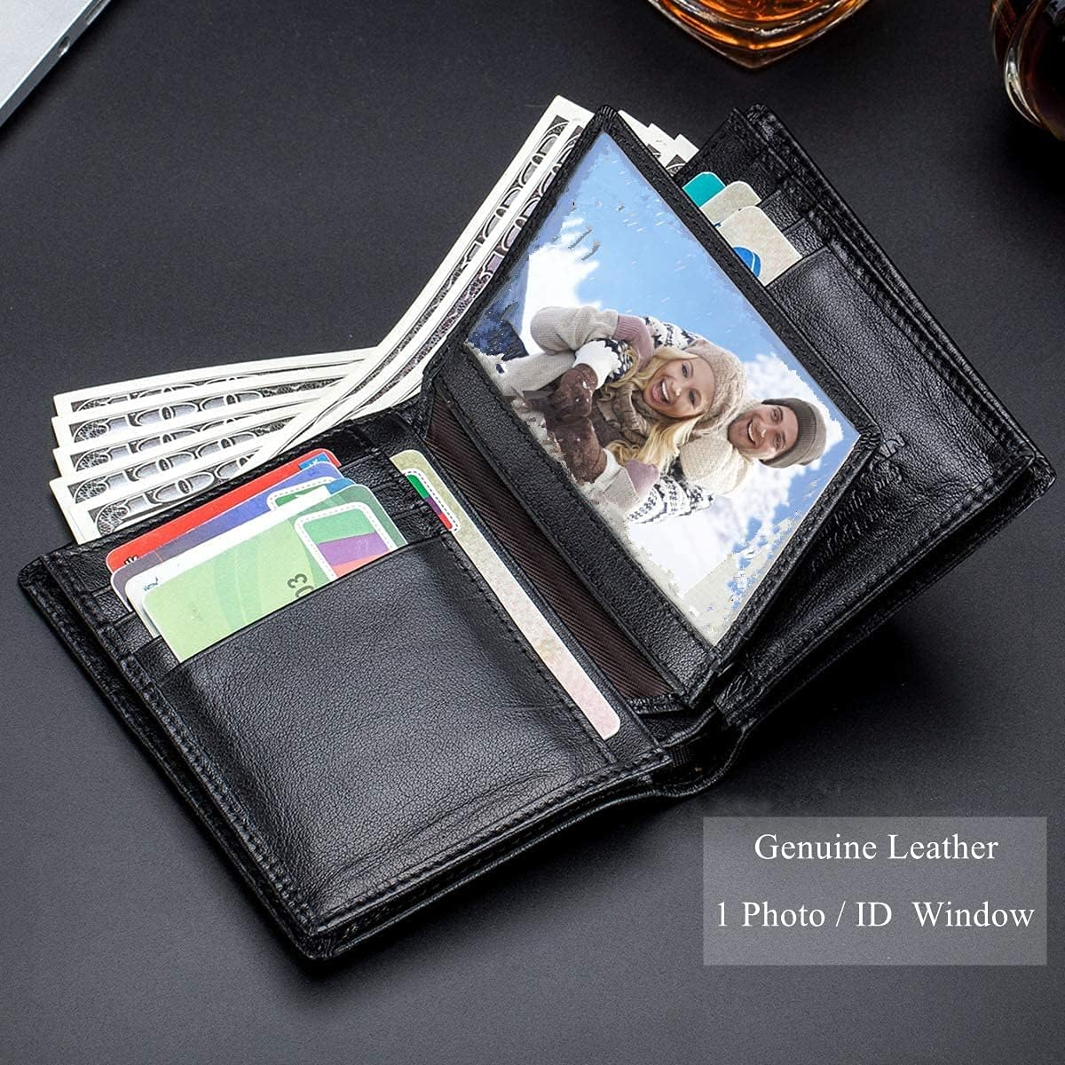 BULLCAPTAIN Large Capacity Genuine Leather Bifold Wallet/Credit Card Holder for Men with 15 Card Slots QB-027, Black, Small, Modern image number 6