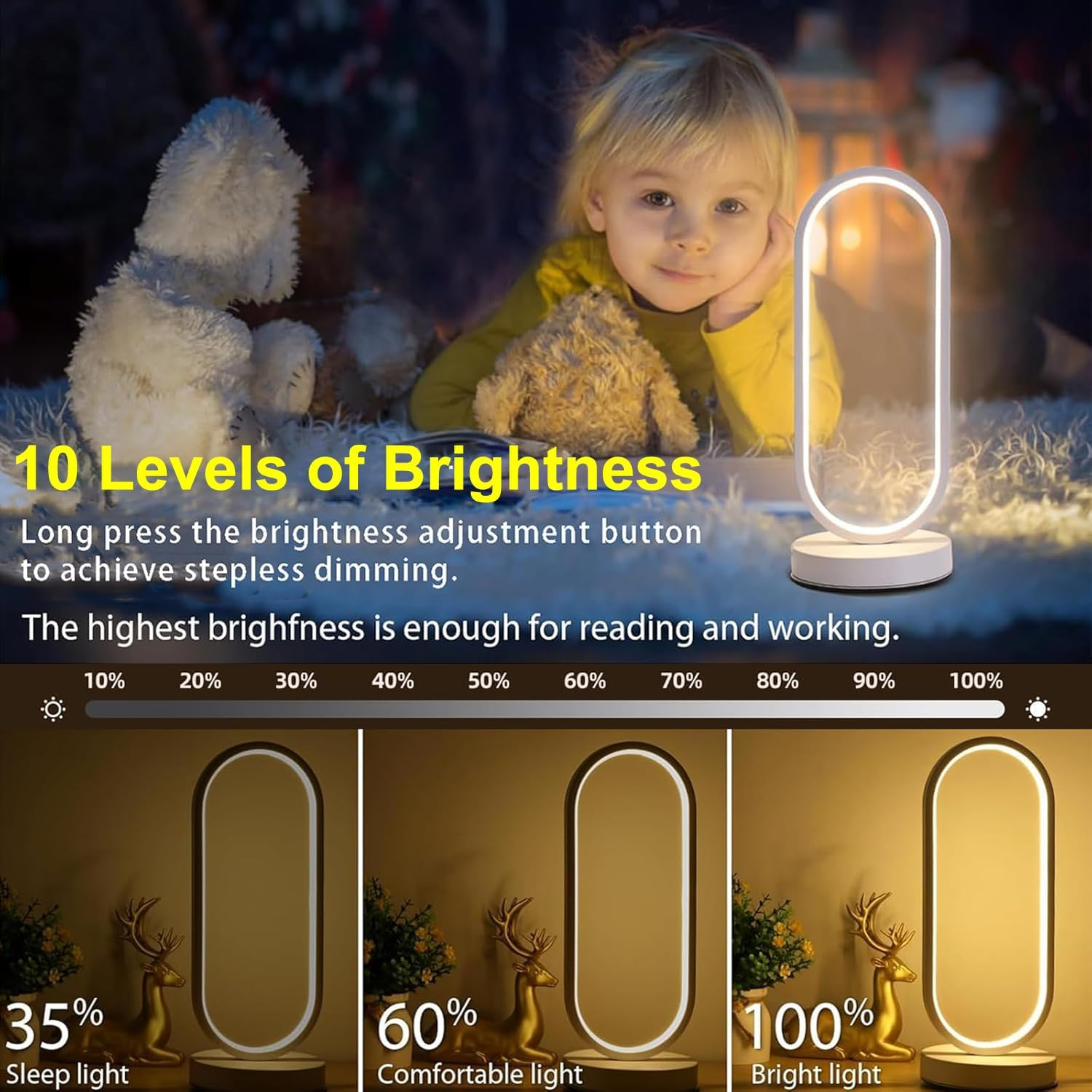 Modern Bedside Table Lamp, Led Oval Nightstand Light, Rechargeable Dimmable Nightstand Lamp, 3 Color Temperatures and 10 Brightness Levels Desk Lamp for Living Room, Bedroom Home Decoration image number 4