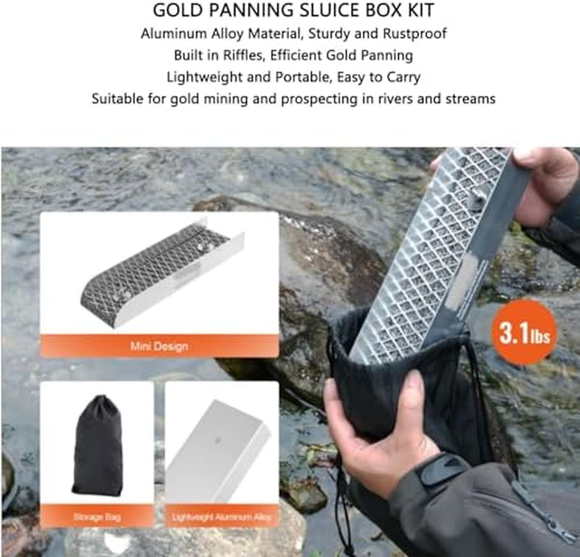 Gold Panning Kit with Portable Sluice Box, Aluminum Alloy Prospecting Trough & Sieve Set for River Gold Mining image number 4