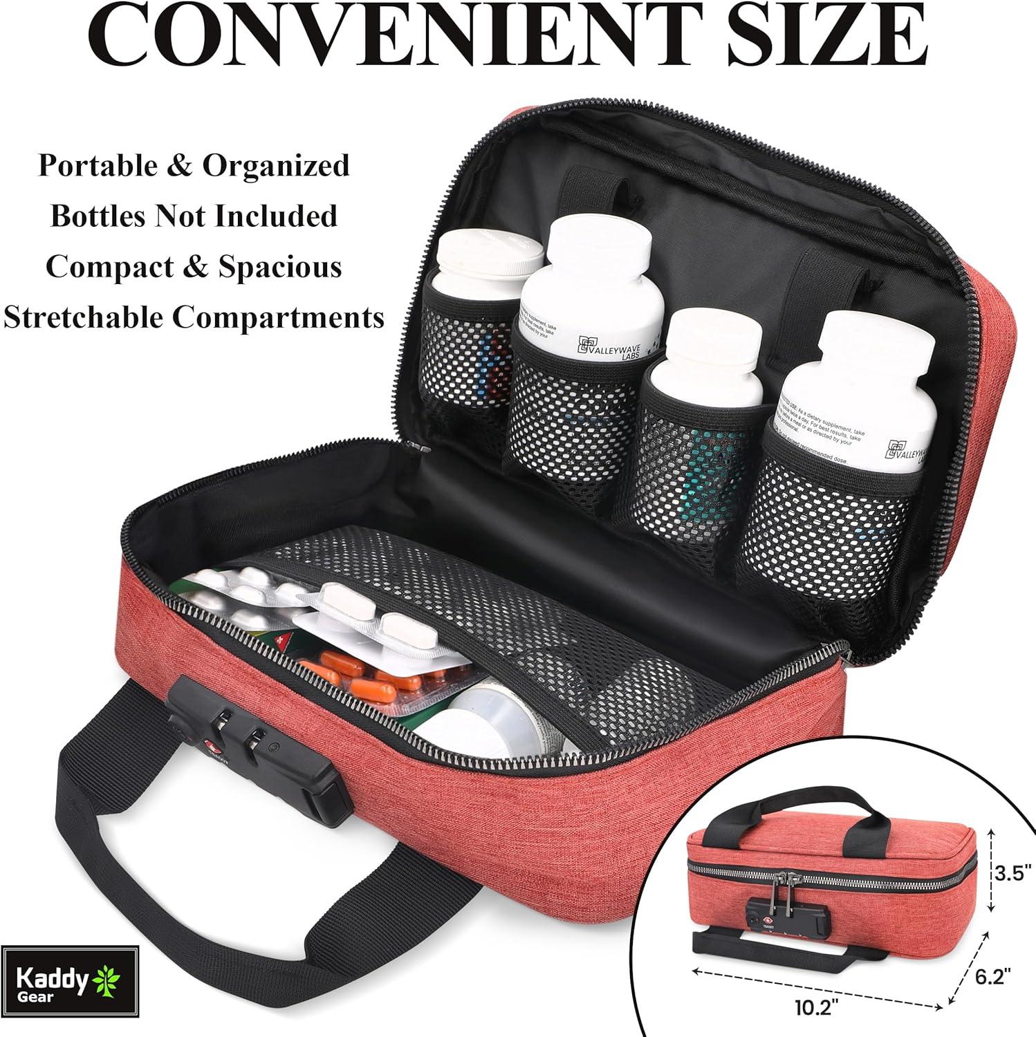 Kaddy Secure Pill Organizer, Medicine, Supplements or Toiletry, Travel or Home, TSA Approved Lock (Red) image number 5