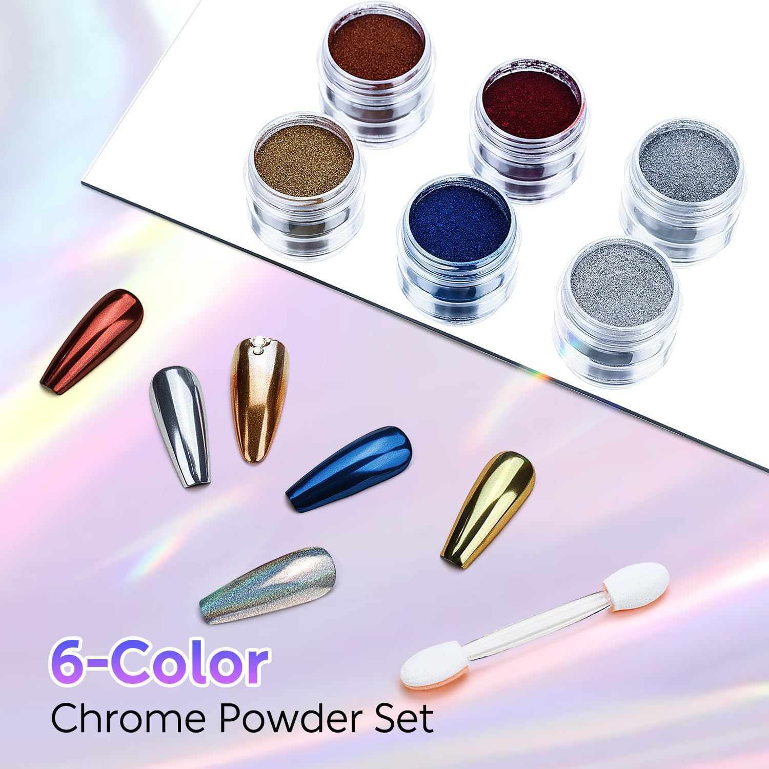 AIMEILI Hema Free, Cruelty-Free, Vegan,6 Boxes Nail Art Manicure Powder Set, 1 * 5G Holographic, 1 * 5G Chameleon Chrome, 4 * 5G Mirror Effect Nail Powder - Ncp002 image number 4