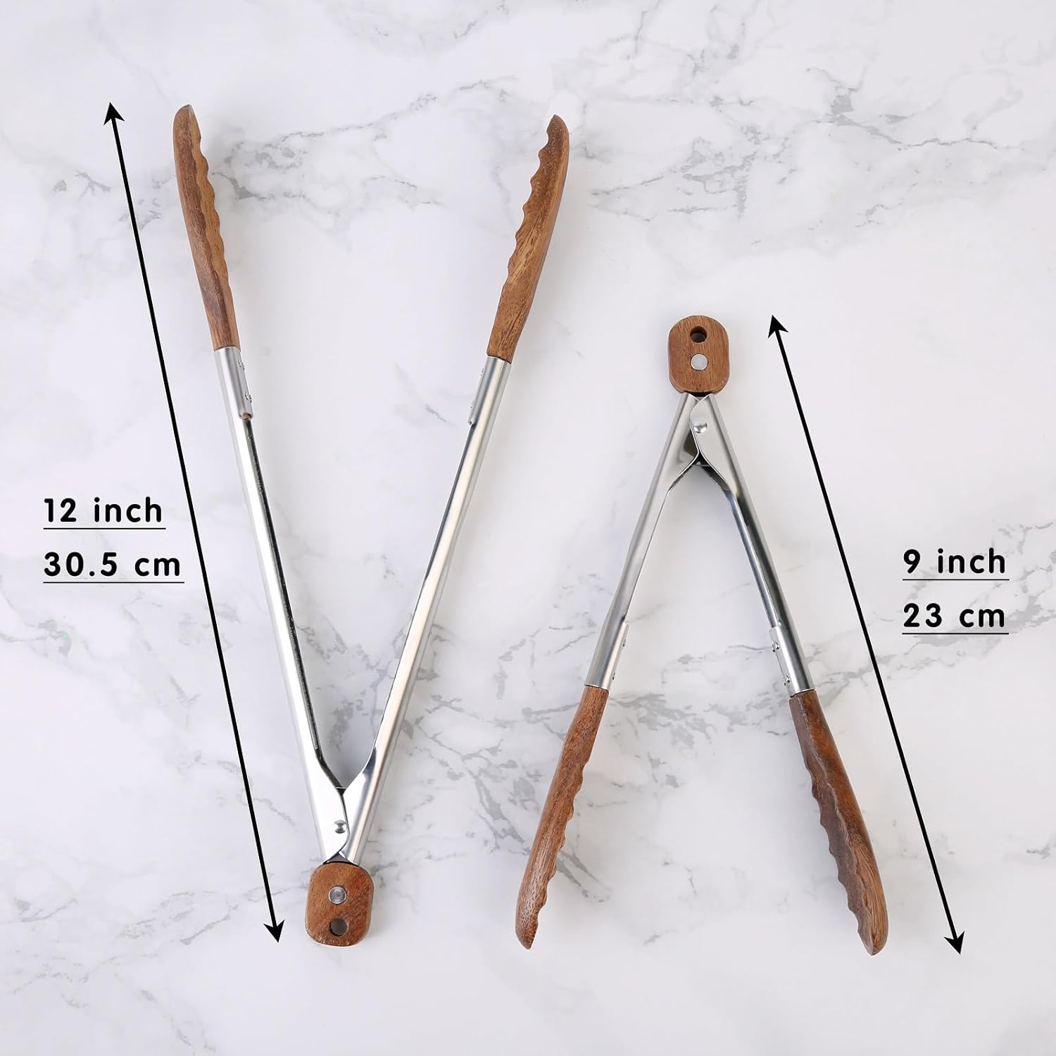 Kitchen Tongs Set - 9" & 12" Anti-Slip Long Wooden Cooking Tongs for BBQ, Grilling, Salad Tossing & Serving - Heat Resistant, Non-Stick Stainless Steel Handles with Hanging Hole image number 4