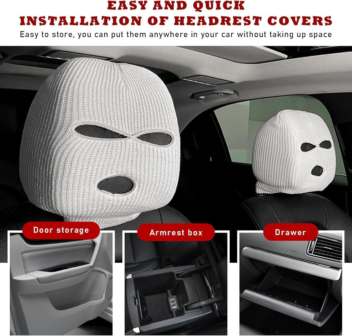 2 PCS Car Headrest Cover, Personalized Funny Car Seat Full Face Mask, Ski Mask Wrap Protection for Auto Front Seat Rest Decoration, Universal Interior Car Accessories (White) image number 1