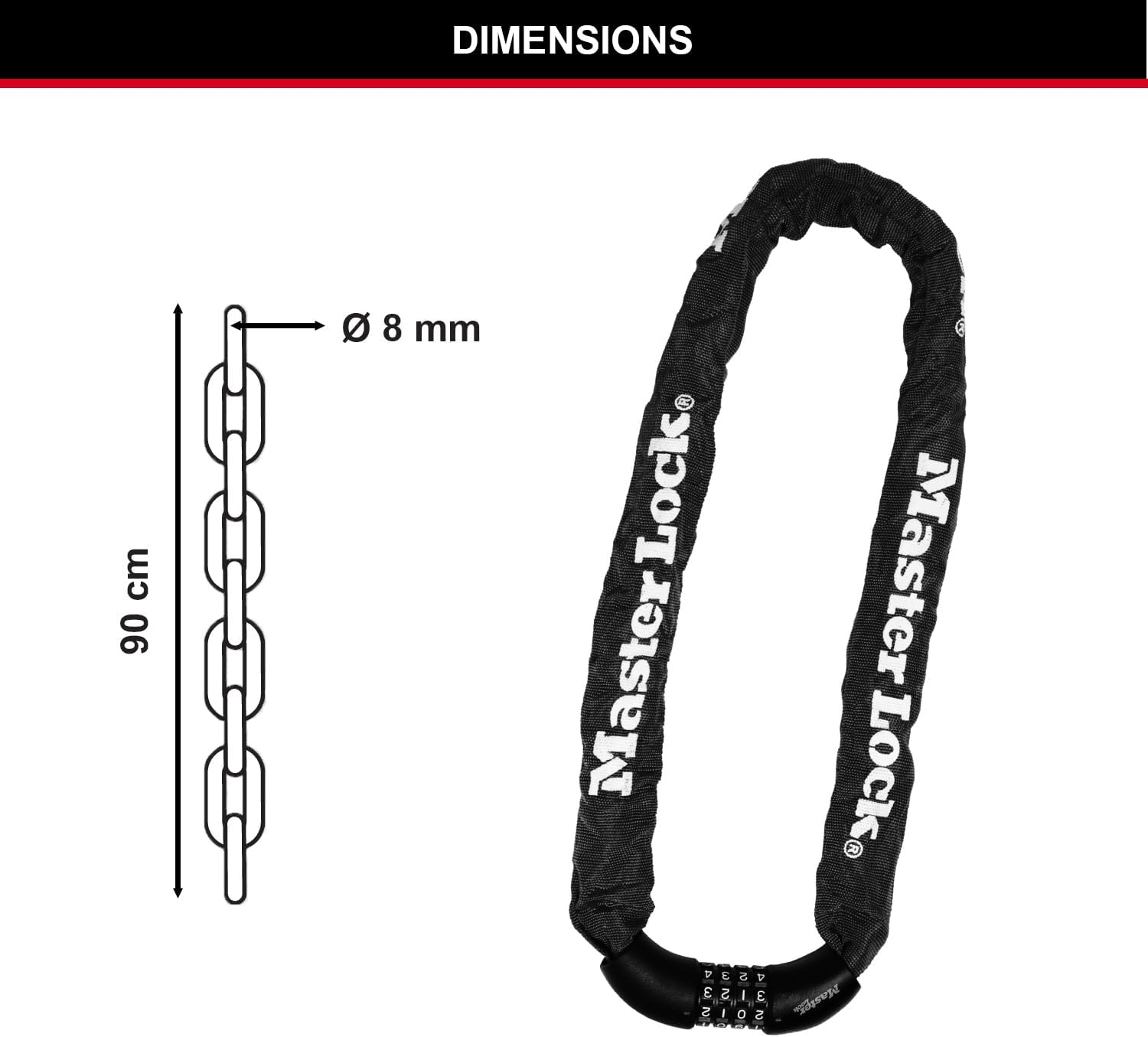 MASTER LOCK Bicycle Lock Steel Chain Link [With Numbers] [90 Cm Chain] 8392EURDPRO - Ideal for Bicycles