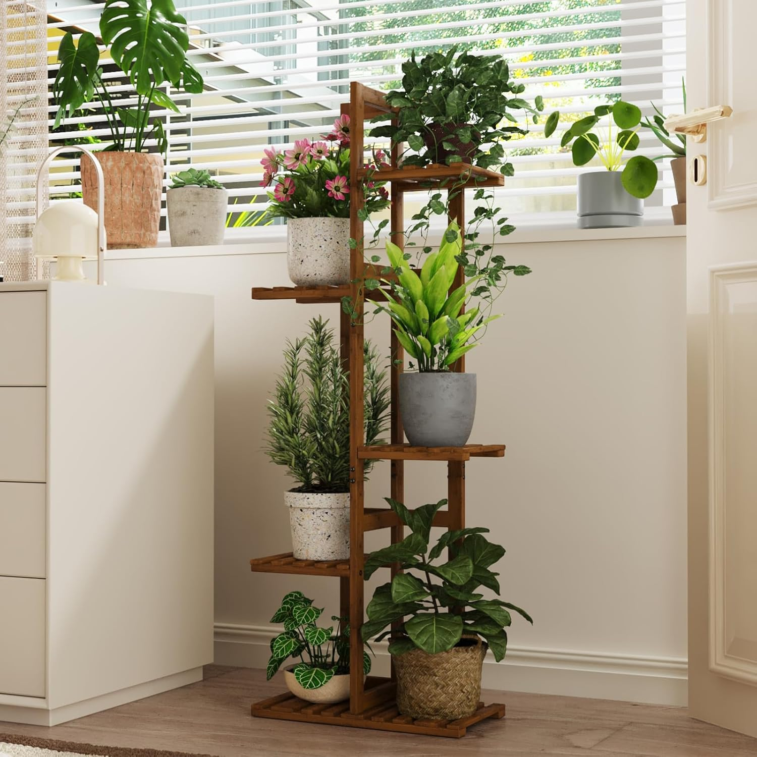 Bamworld Plant Stand Indoor, 5 Tier Bamboo Corner Plant Shelf for Multiple Plants, Small Tiered Flower Stand for Window Garden Balcony Home Decor Living Room Bedroom(Tea Brown) image number 6