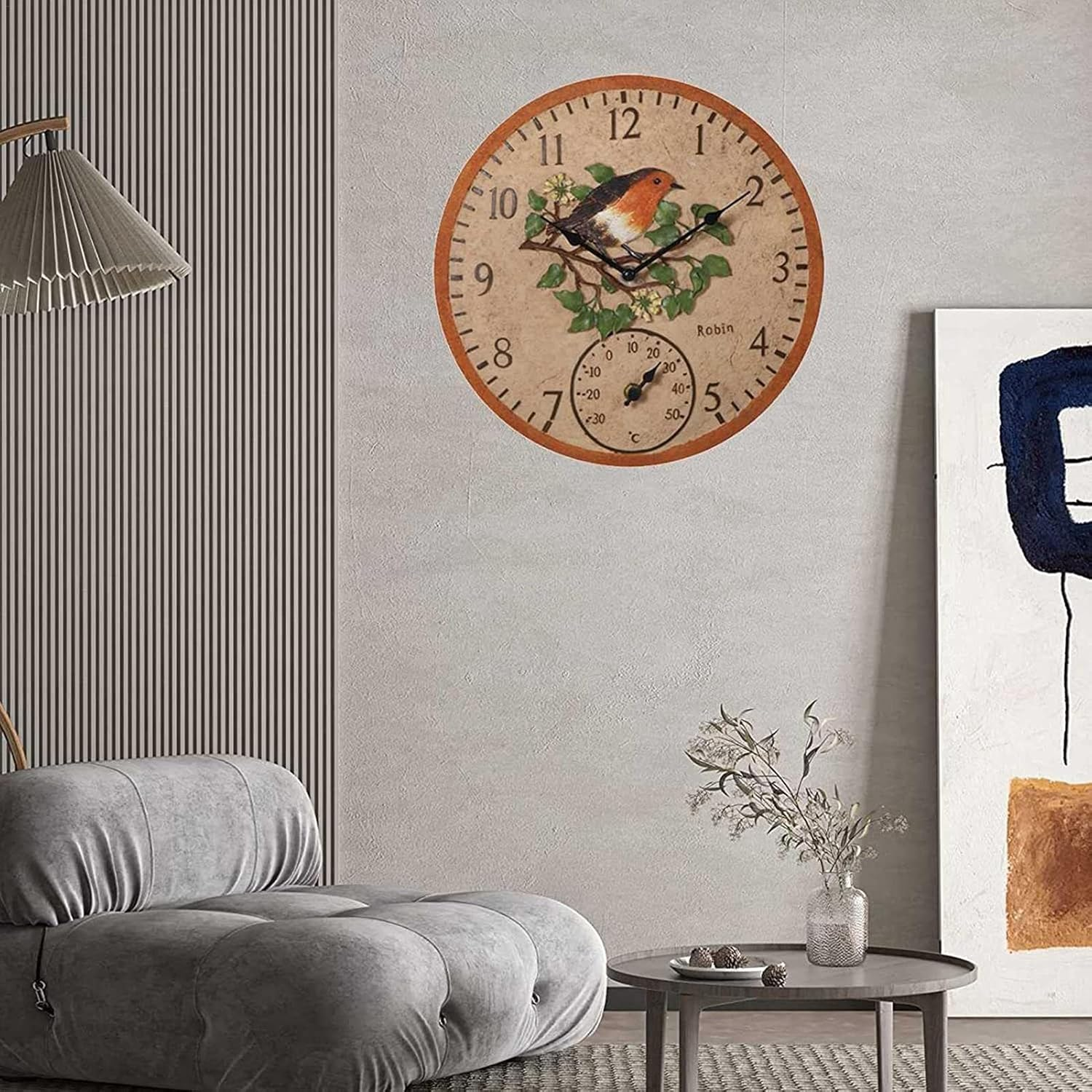 Wall Clock Thermometer | Wall Clock Thermometer Clock - Thermometer with Clock, Battery Operated round Clock Wall Decorative for Patio Garden