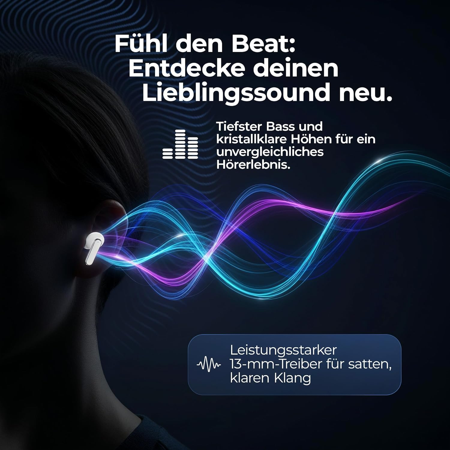 FREI PUNKT 24 In-Ear Headphones - Bluetooth 5.3, White, ANC+ENC Noise Cancellation, 6+48H Runtime, LED Display, Rich Bass, 3 Pairs Silicone Ear Tips - Black image number 6